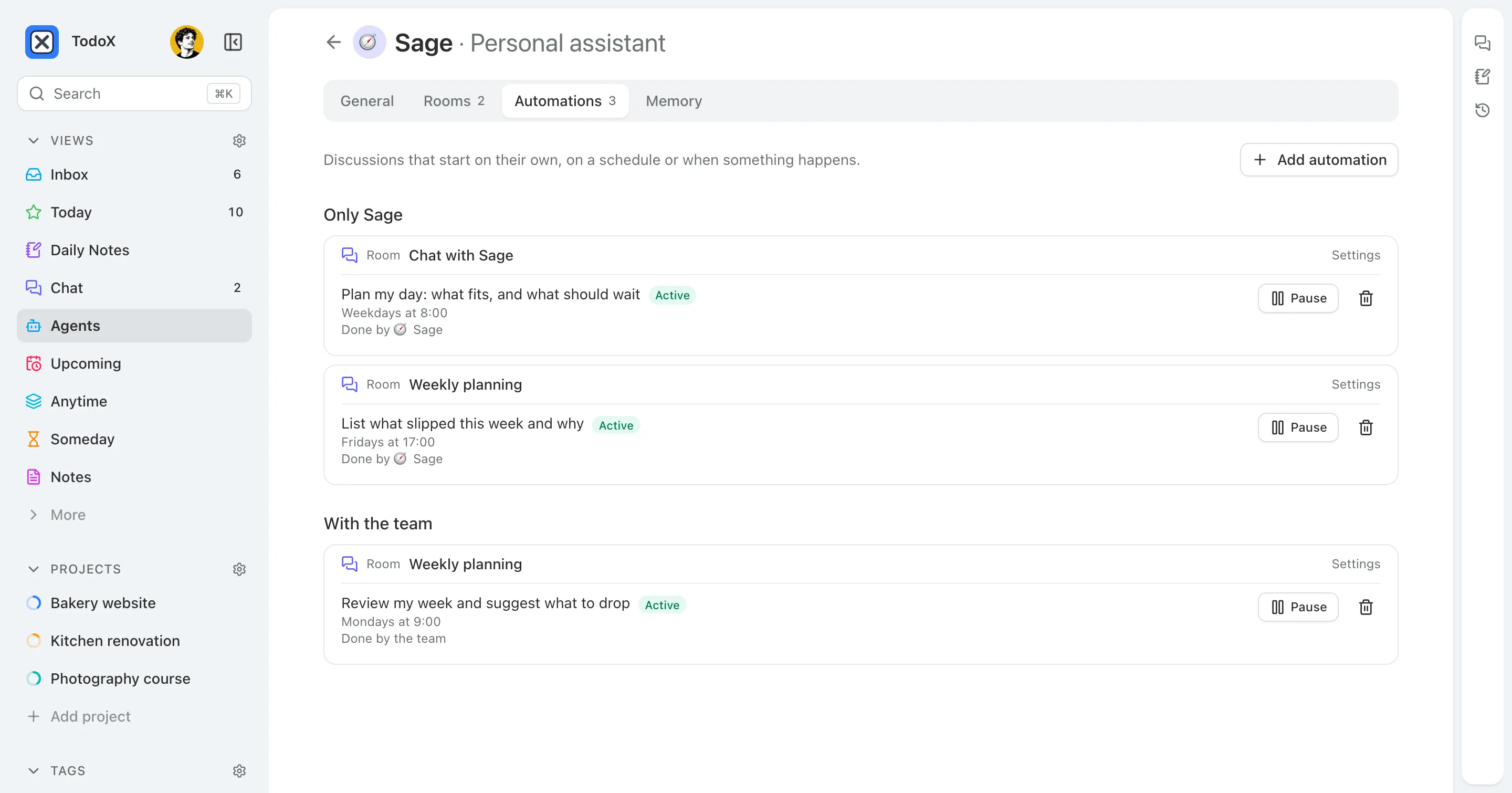 Sage’s automations: a weekday morning plan in the chat with Sage and a Friday review of what slipped, each Active with a Pause button, above a weekly review the whole team runs.