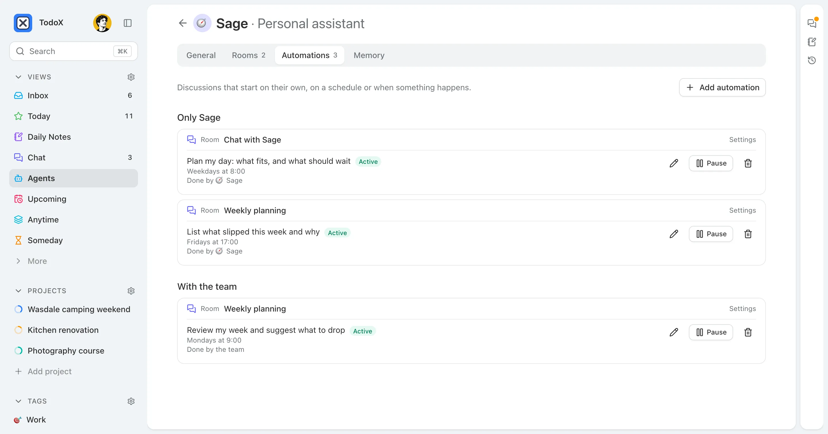 Sage’s automations: a weekday morning plan in the chat with Sage and a Friday review of what slipped, each Active with a Pause button, above a weekly review the whole team runs.