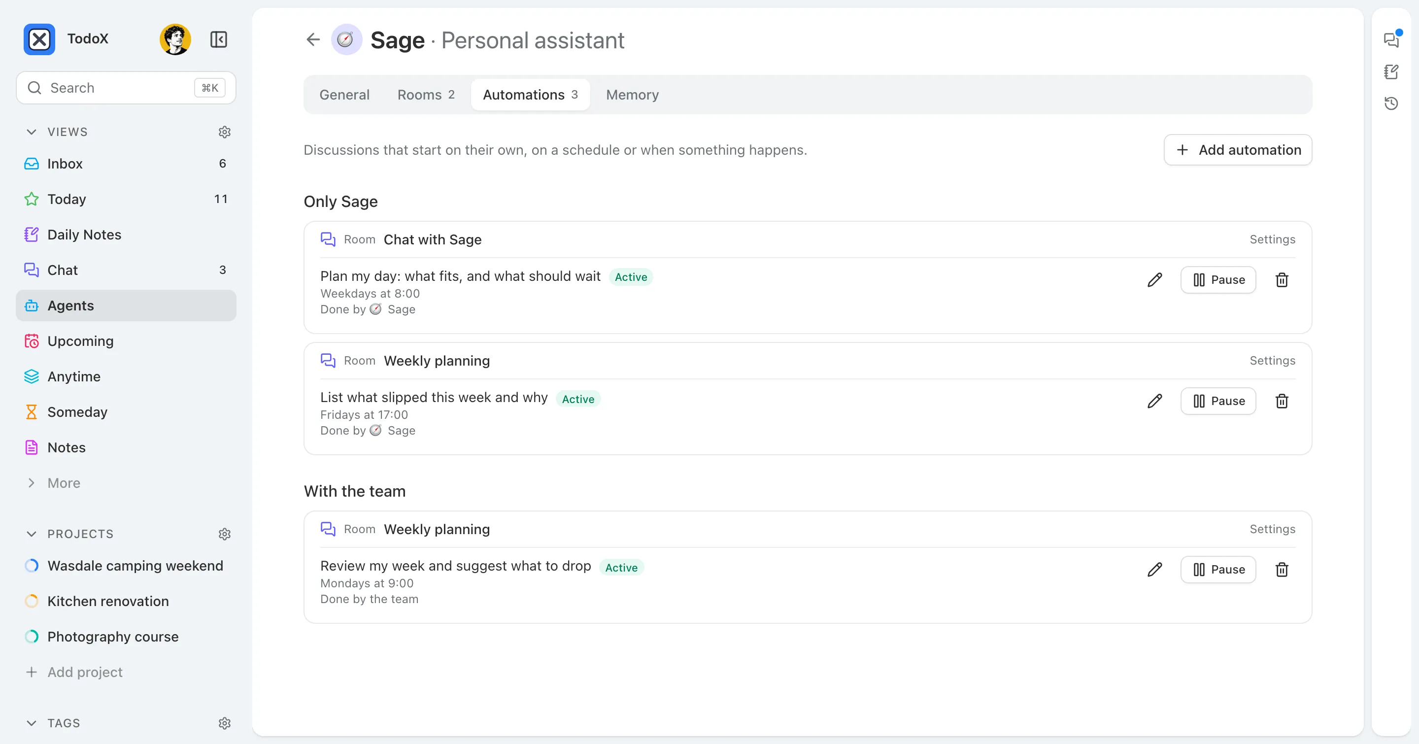 Sage’s automations: a weekday morning plan in the chat with Sage and a Friday review of what slipped, each Active with a Pause button, above a weekly review the whole team runs.