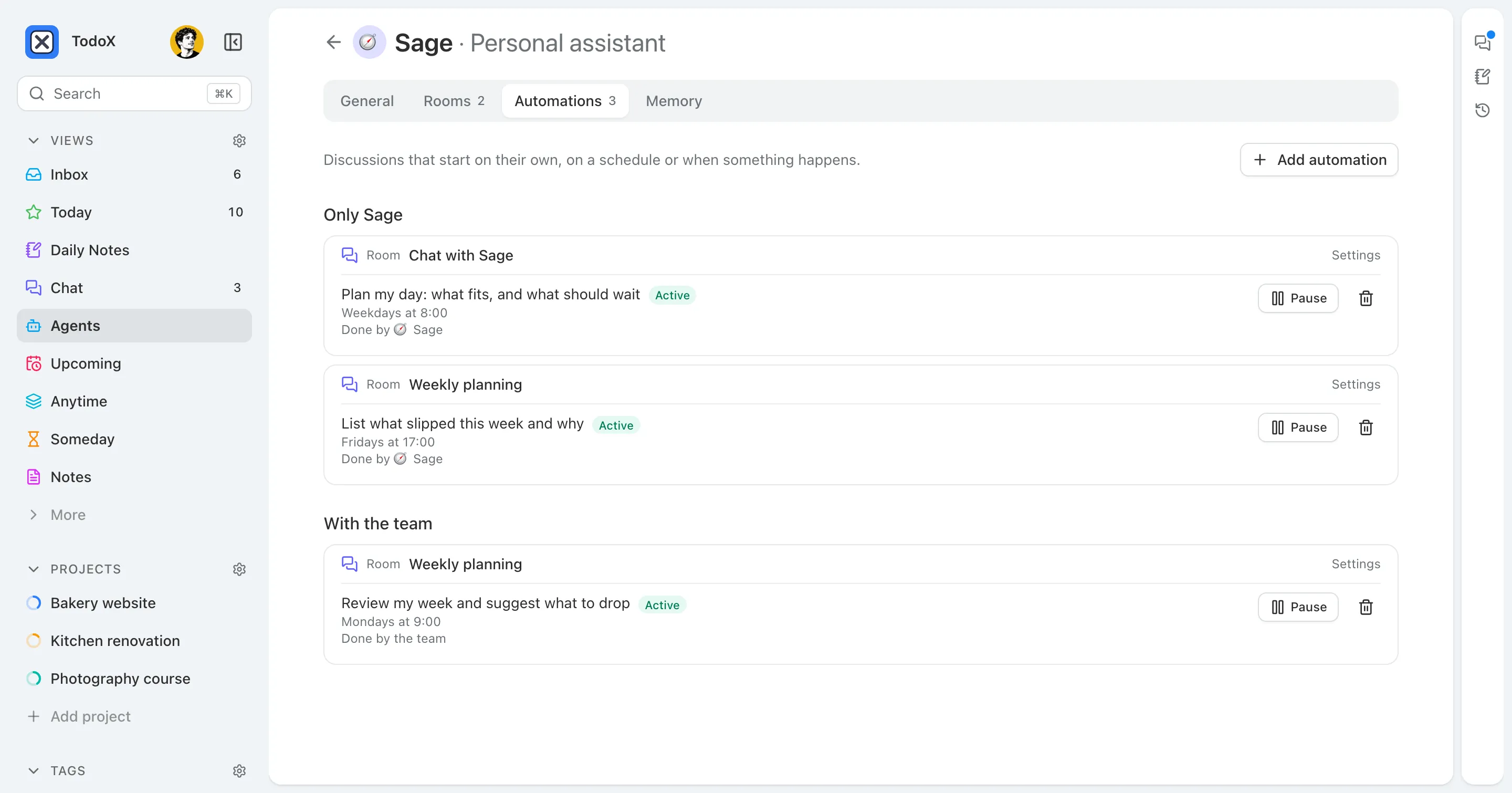 Sage’s automations: a weekday morning plan in the chat with Sage and a Friday review of what slipped, each Active with a Pause button, above a weekly review the whole team runs.