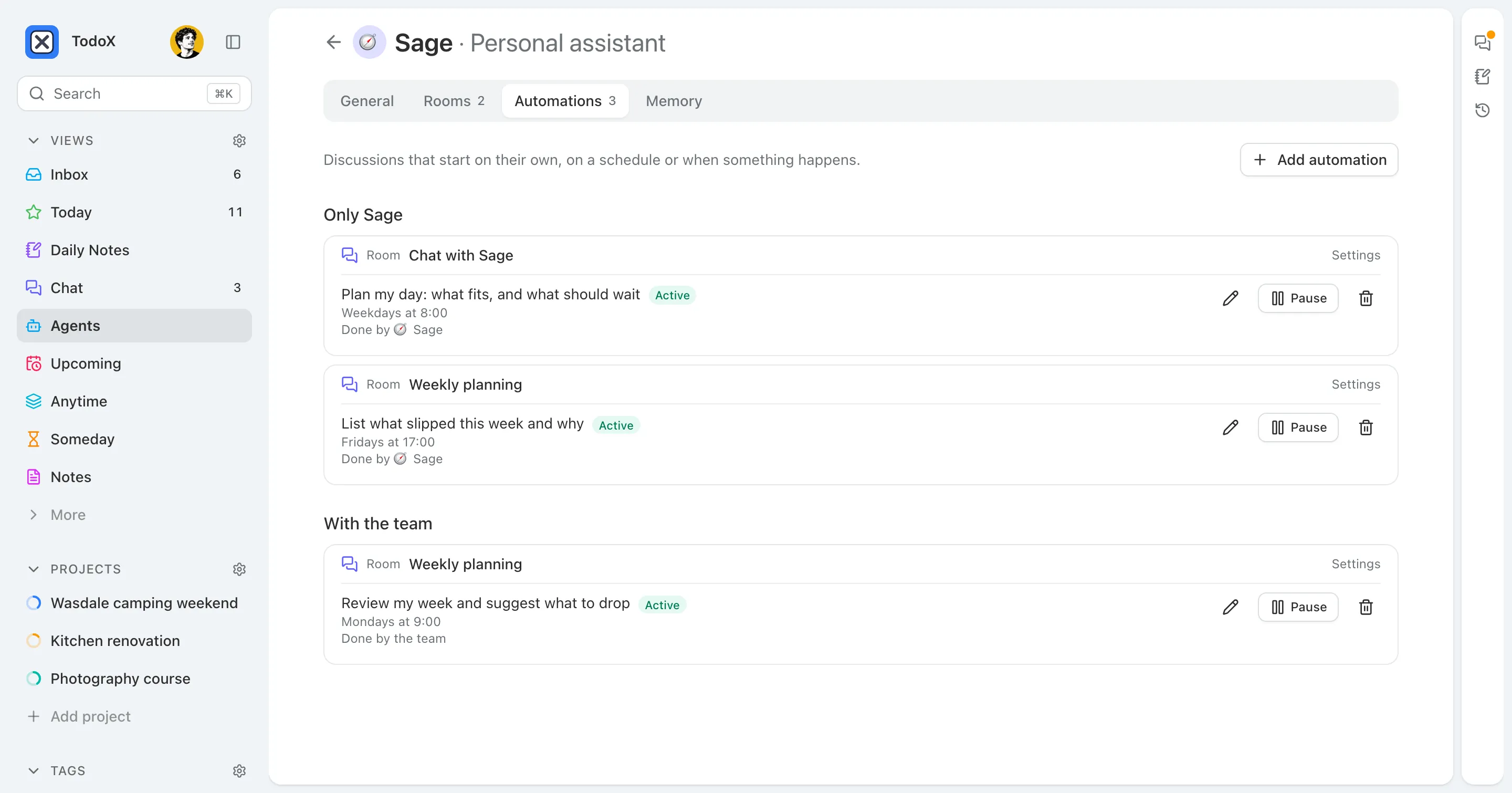 Sage’s automations: a weekday morning plan in the chat with Sage and a Friday review of what slipped, each Active with a Pause button, above a weekly review the whole team runs.