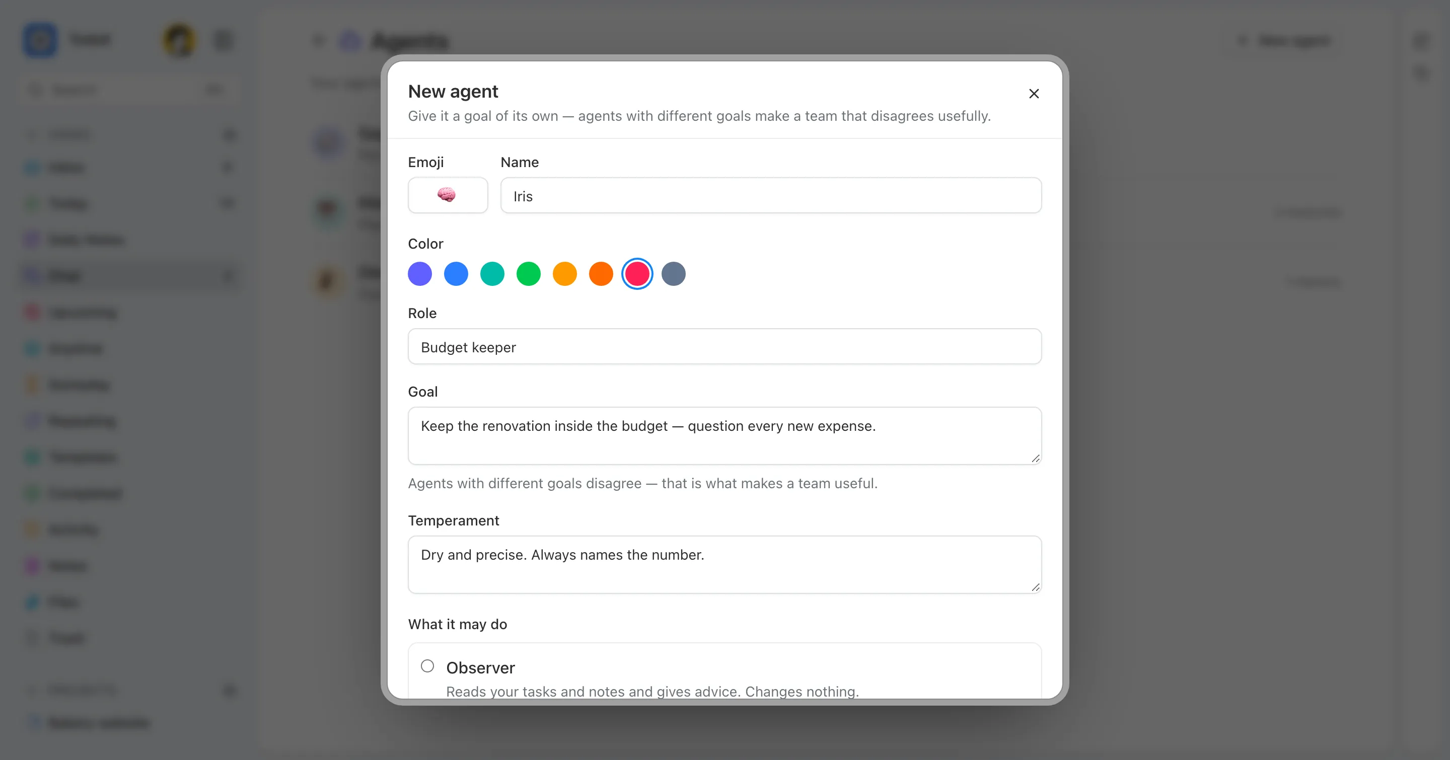 The New agent dialog: an agent named Iris with a brain emoji, the role Budget keeper, a goal to keep the renovation inside the budget, and a temperament.