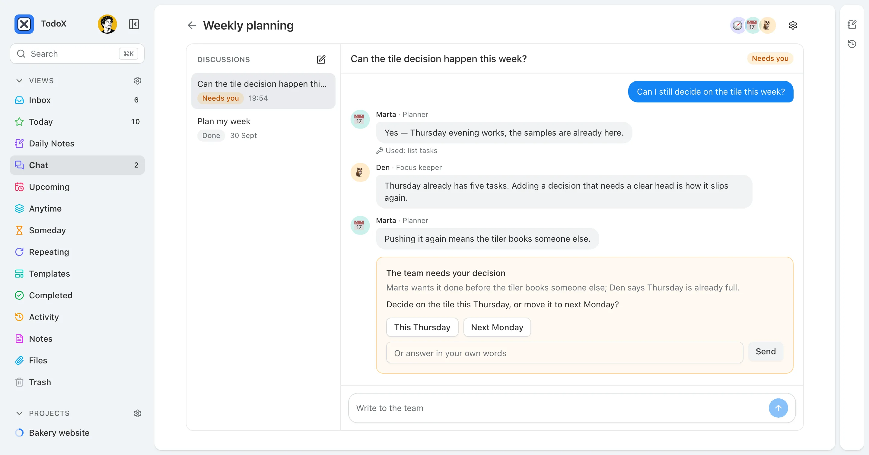 A Weekly planning room: Marta the planner and Den the focus keeper disagree about deciding on tile this week, and a card asks the user to choose This Thursday or Next Monday.