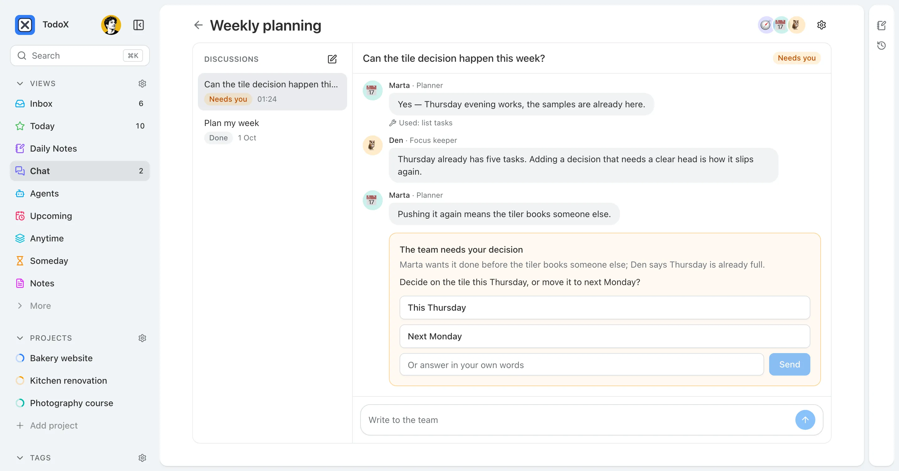 A Weekly planning room: Marta the planner and Den the focus keeper disagree about deciding on tile this week, and a card asks the user to choose This Thursday or Next Monday.