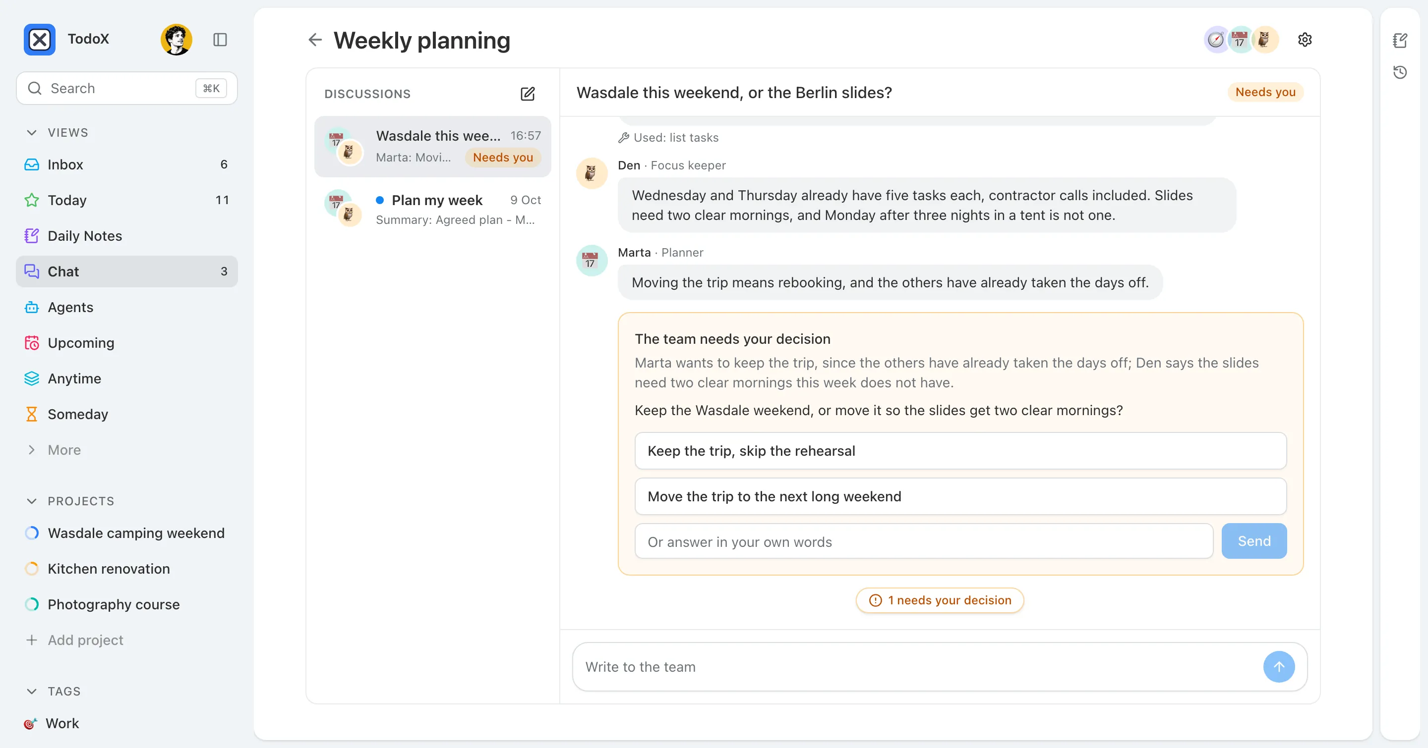 A Weekly planning room: Marta the planner and Den the focus keeper disagree about keeping a camping weekend in a week the Berlin talk slides are due, and a card asks the user to keep the trip or move it.