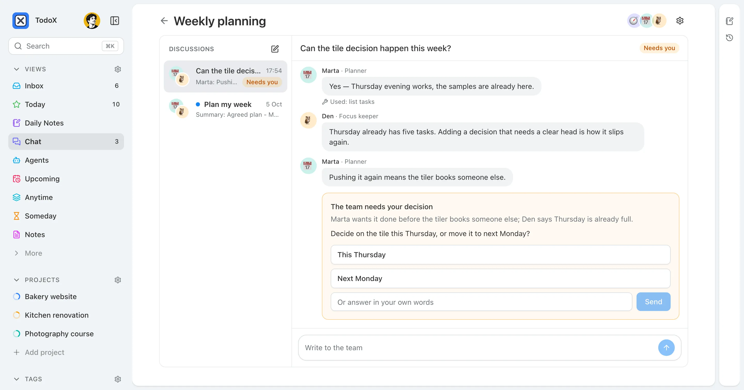 A Weekly planning room: Marta the planner and Den the focus keeper disagree about deciding on tile this week, and a card asks the user to choose This Thursday or Next Monday.