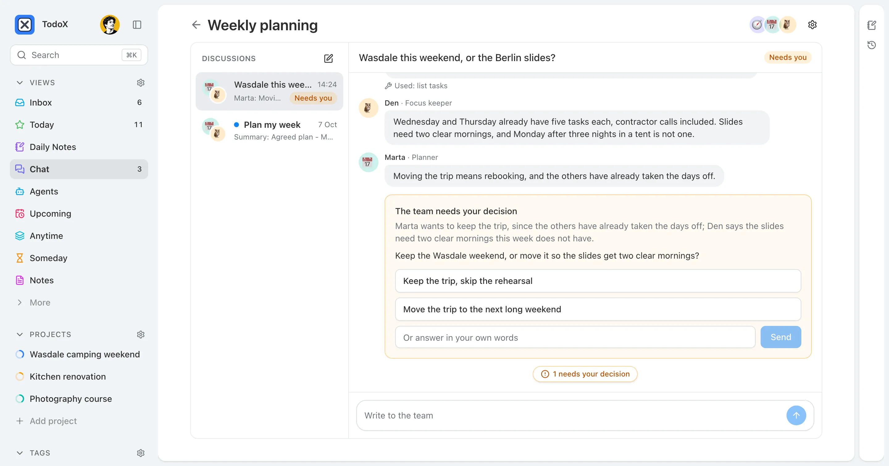 A Weekly planning room: Marta the planner and Den the focus keeper disagree about keeping a camping weekend in a week the Berlin talk slides are due, and a card asks the user to keep the trip or move it.