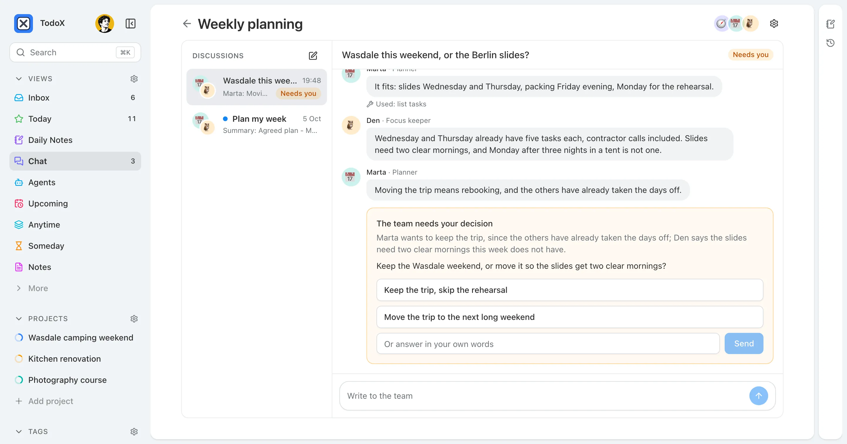 A Weekly planning room: Marta the planner and Den the focus keeper disagree about keeping a camping weekend in a week the Berlin talk slides are due, and a card asks the user to keep the trip or move it.