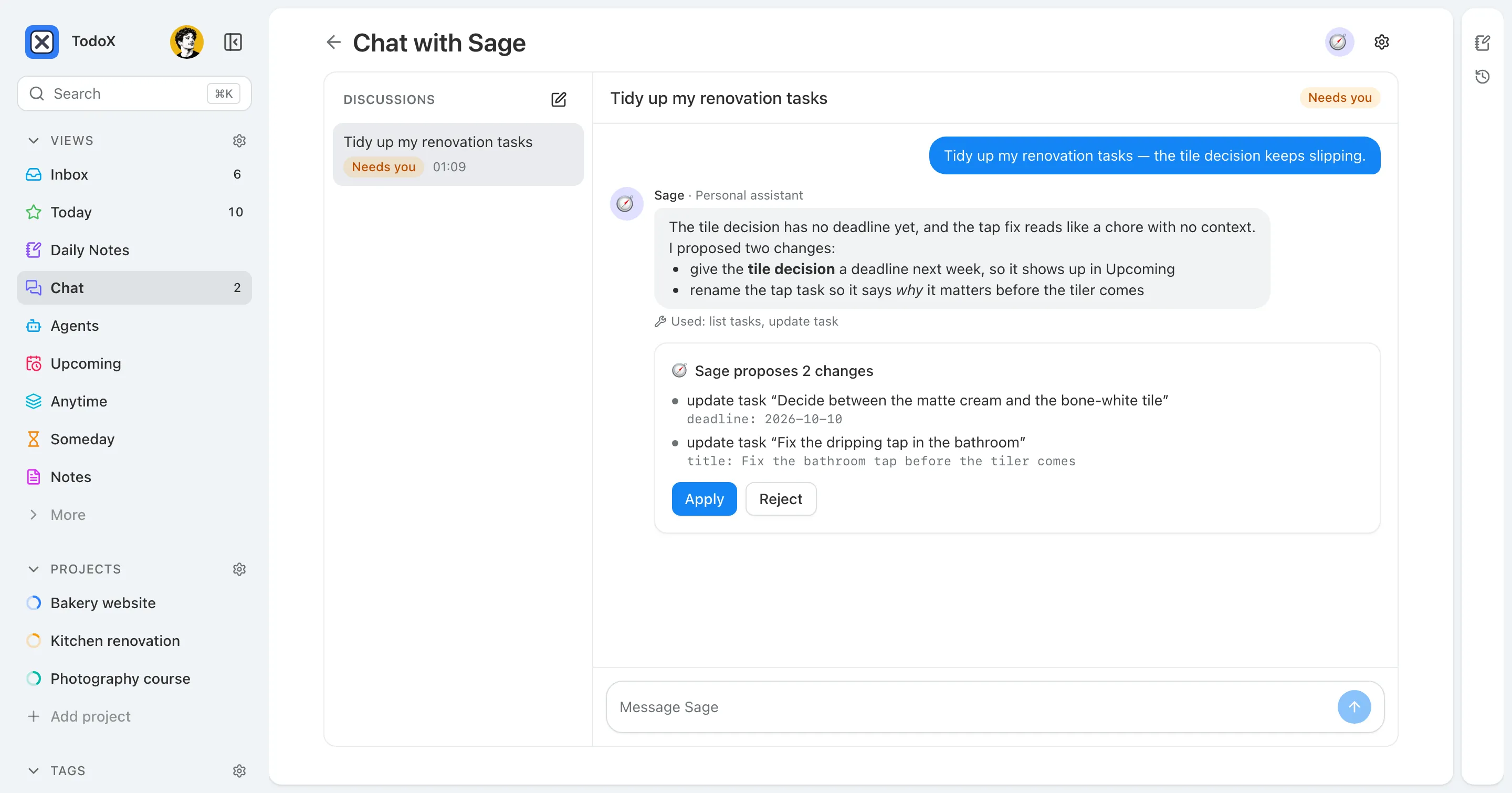A chat with Sage: Sage proposes two changes — a new deadline for the tile decision and a clearer title for the tap task — with Apply and Reject buttons.