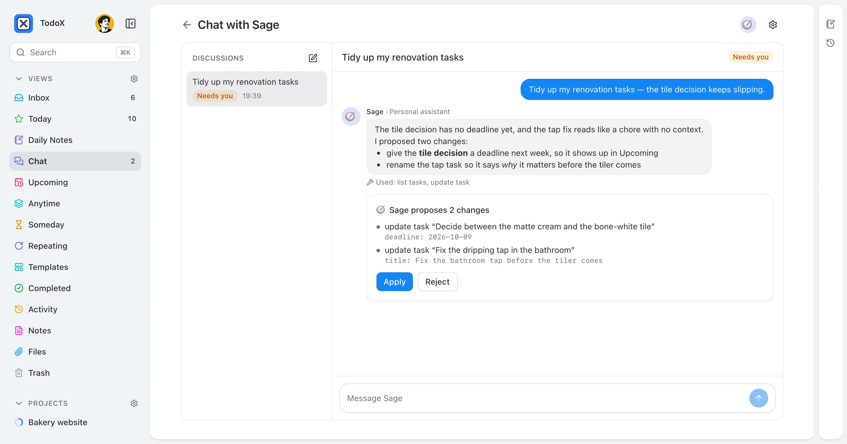 A chat with Sage: Sage proposes two changes — a new deadline for the tile decision and a clearer title for the tap task — with Apply and Reject buttons.