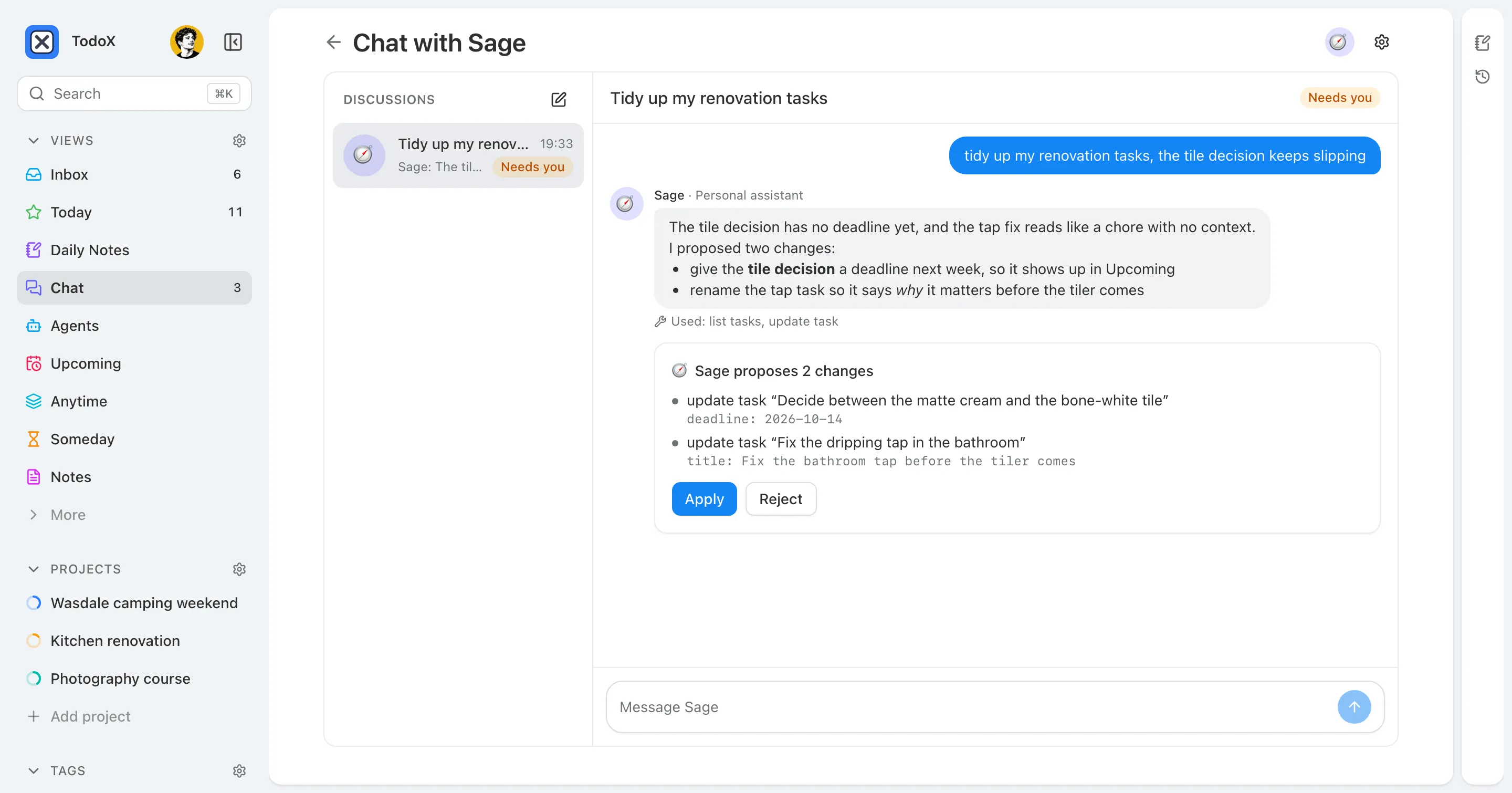 A chat with Sage: Sage proposes two changes — a new deadline for the tile decision and a clearer title for the tap task — with Apply and Reject buttons.