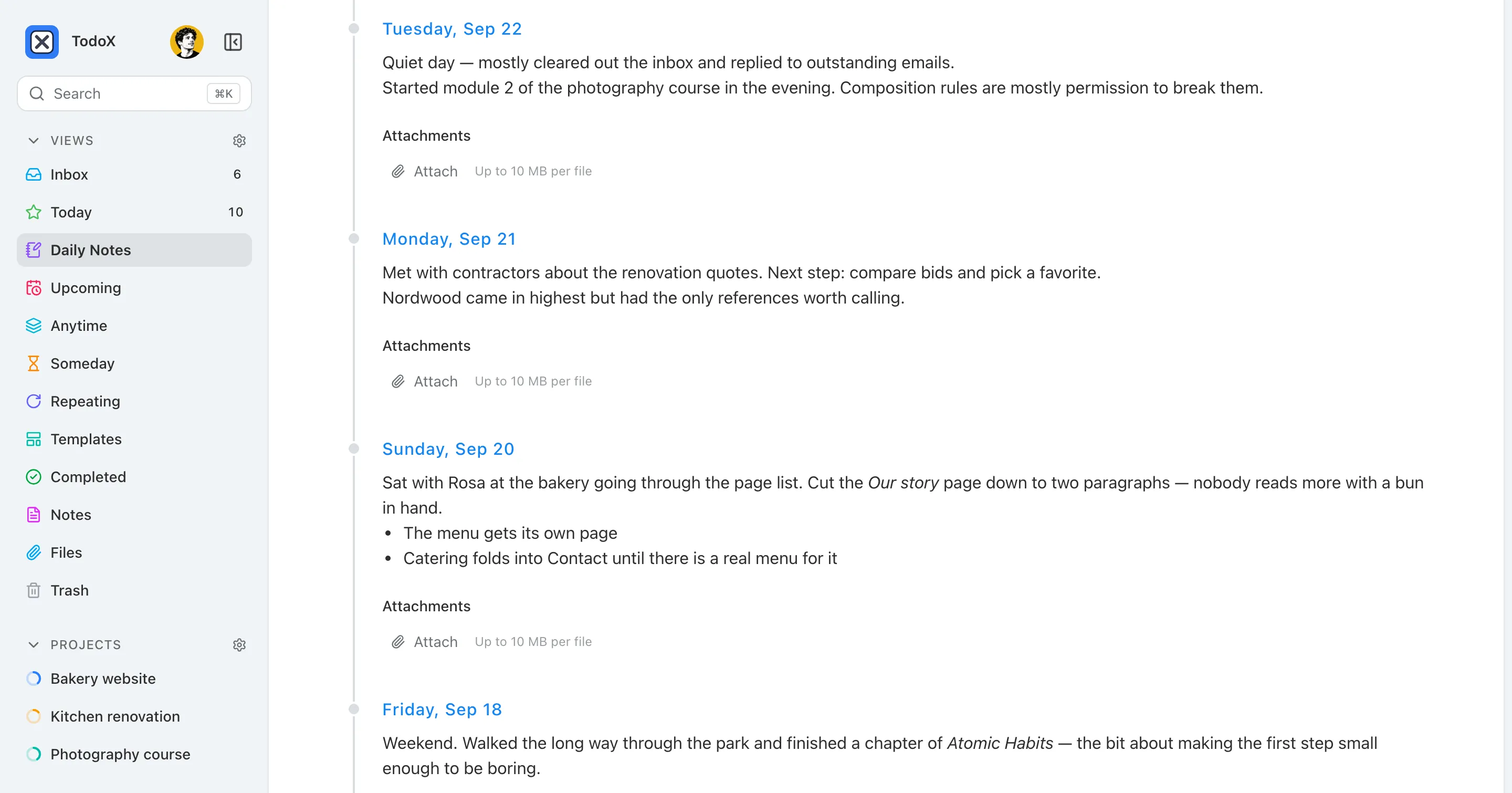 The Daily Notes page: four days of notes listed one after another, each with its own attachments.