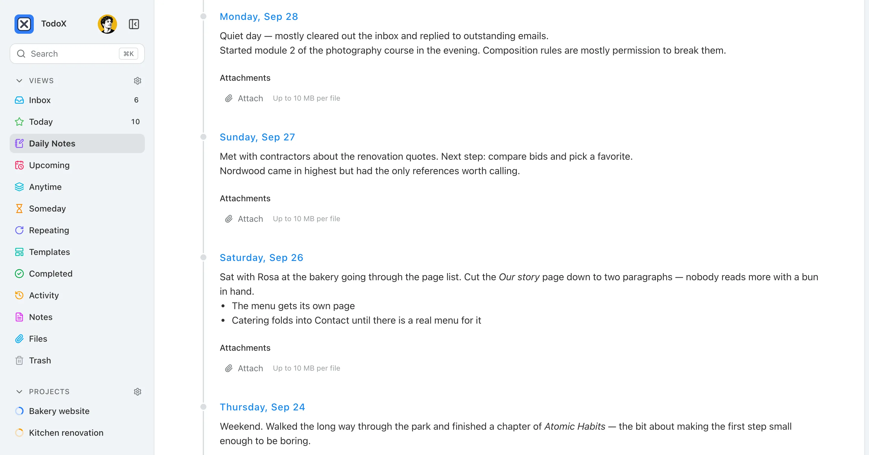 The Daily Notes page: four days of notes listed one after another, each with its own attachments.