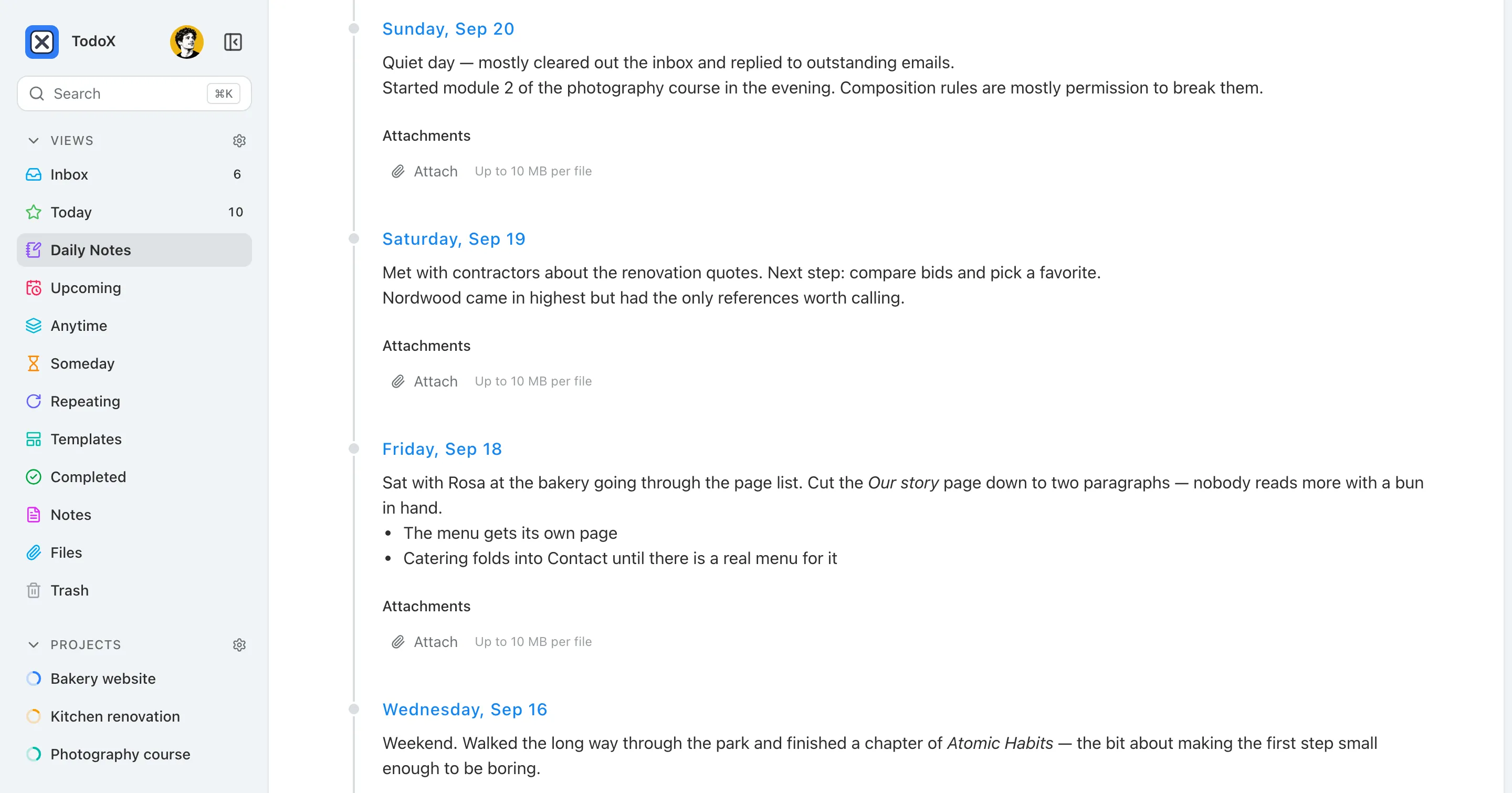 The Daily Notes page: four days of notes listed one after another, each with its own attachments.