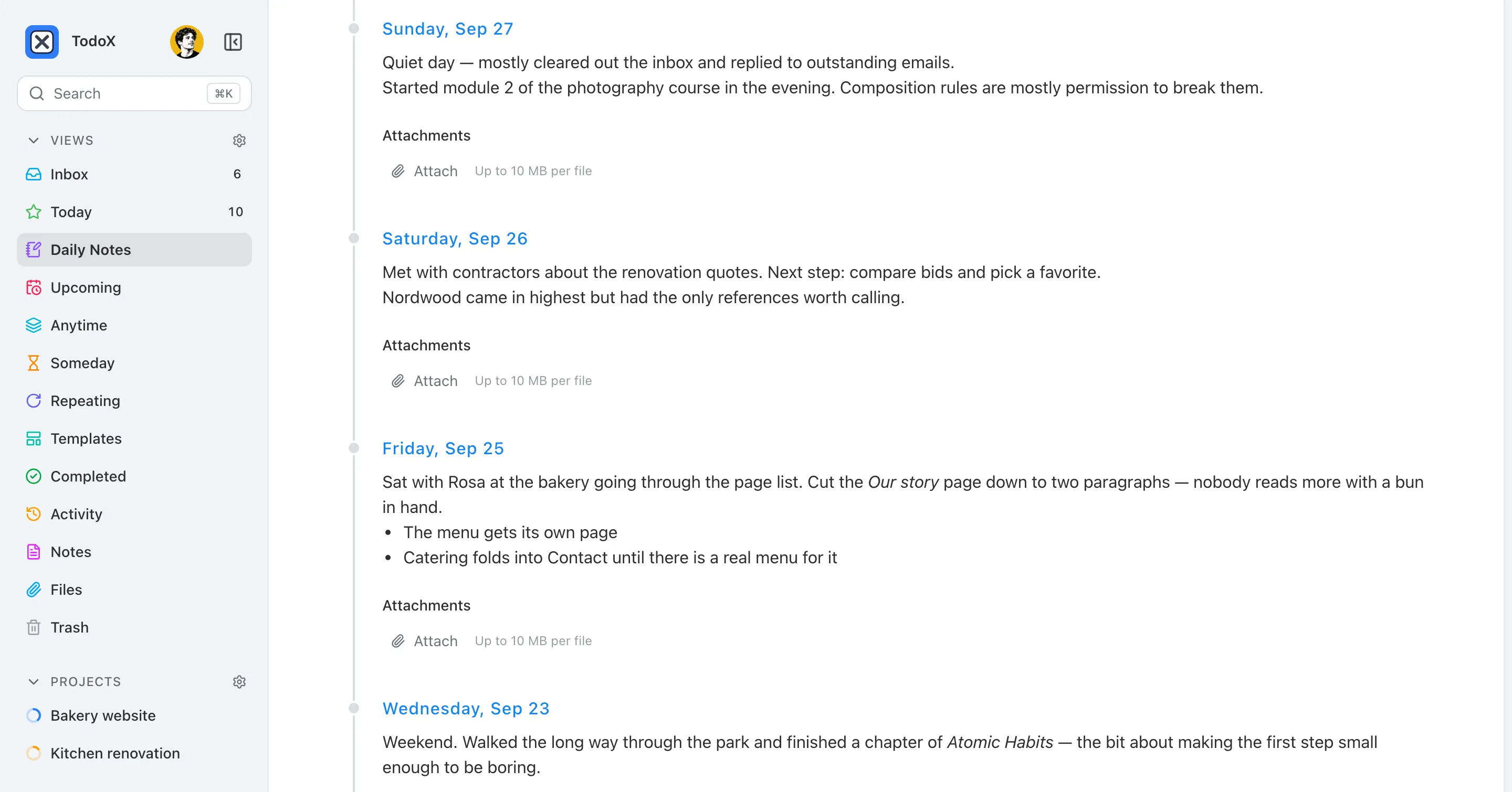 The Daily Notes page: four days of notes listed one after another, each with its own attachments.