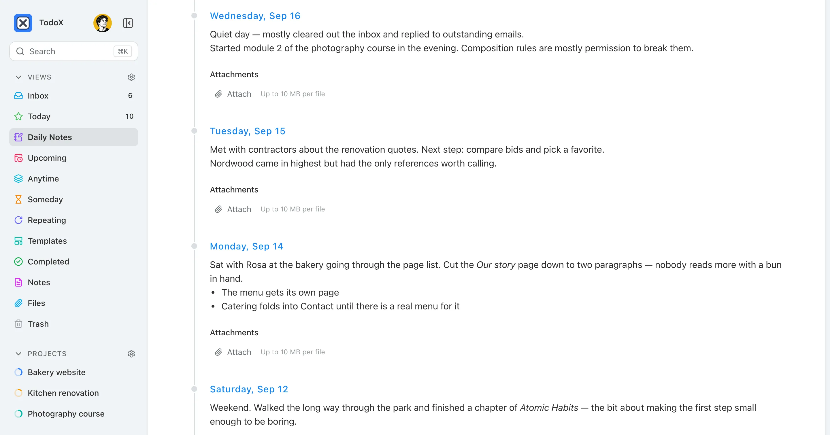 The Daily Notes page: four days of notes listed one after another, each with its own attachments.