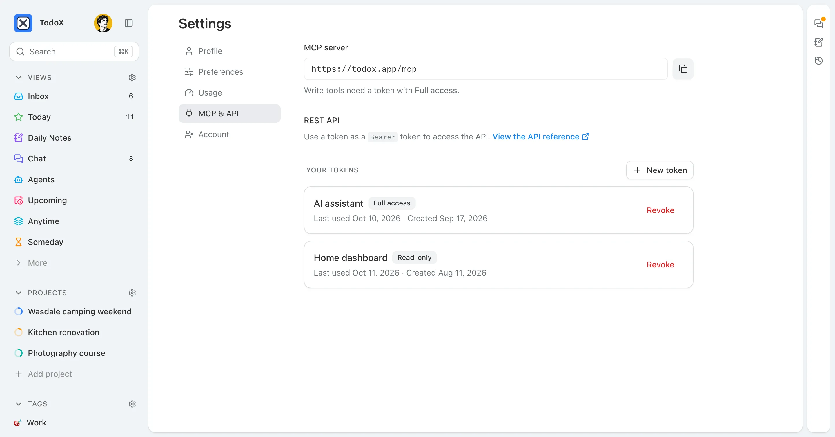 The MCP & API settings page: the MCP server URL with a copy button, a link to the REST API reference, and two tokens — an AI assistant with full access and a read-only home dashboard.