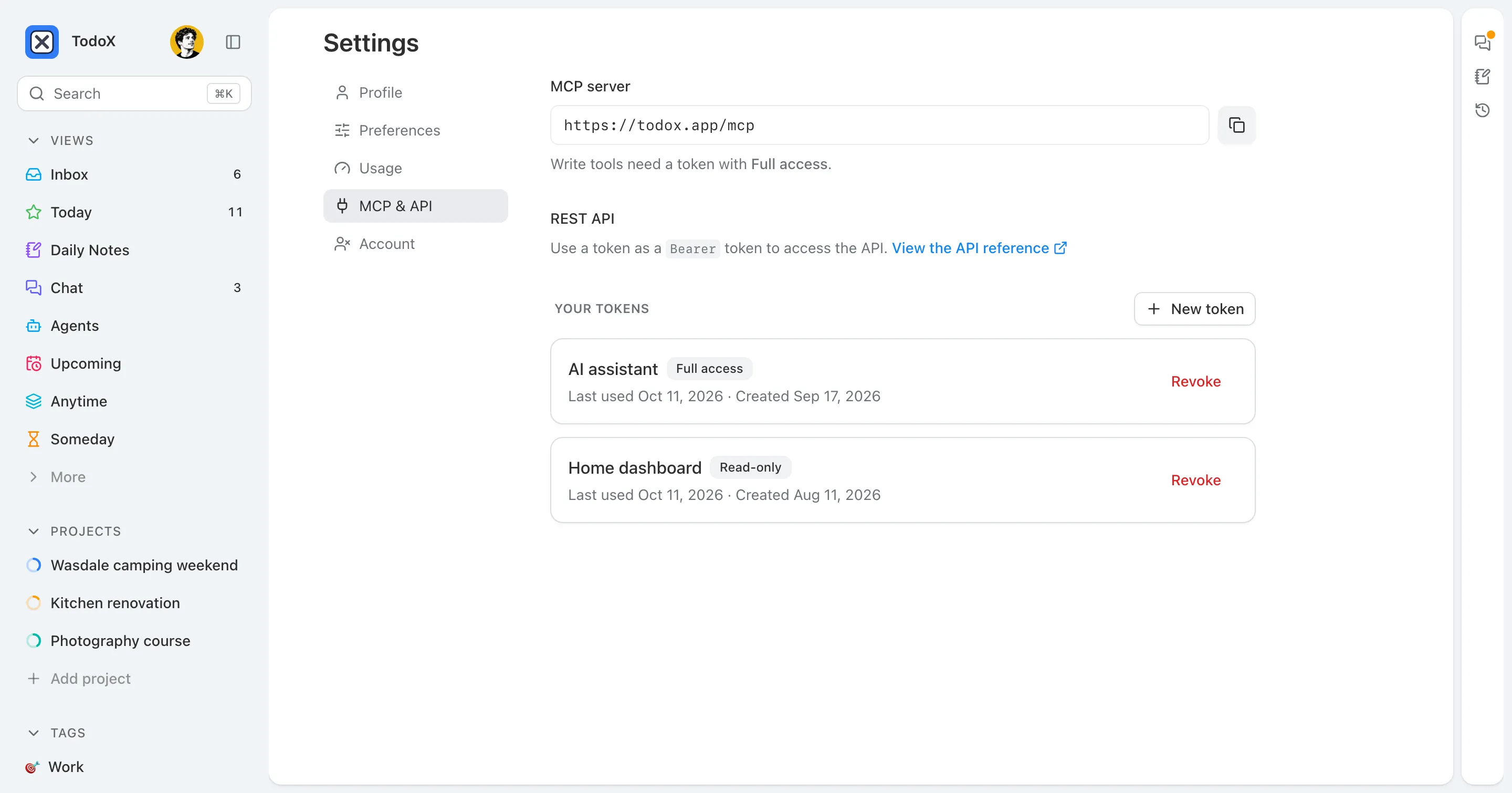 The MCP & API settings page: the MCP server URL with a copy button, a link to the REST API reference, and two tokens — an AI assistant with full access and a read-only home dashboard.
