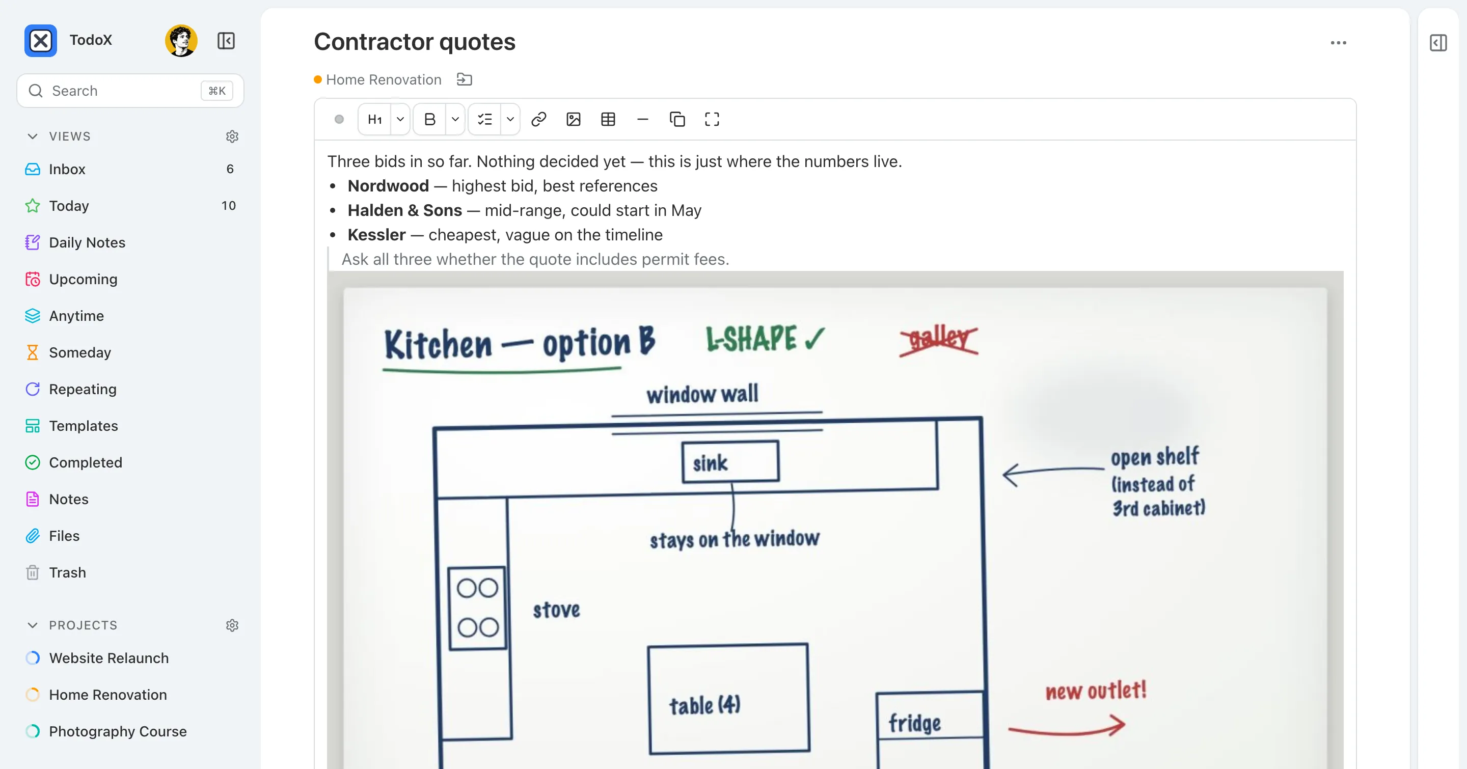 A project note titled Contractor quotes with a bullet list and a whiteboard photo inline.