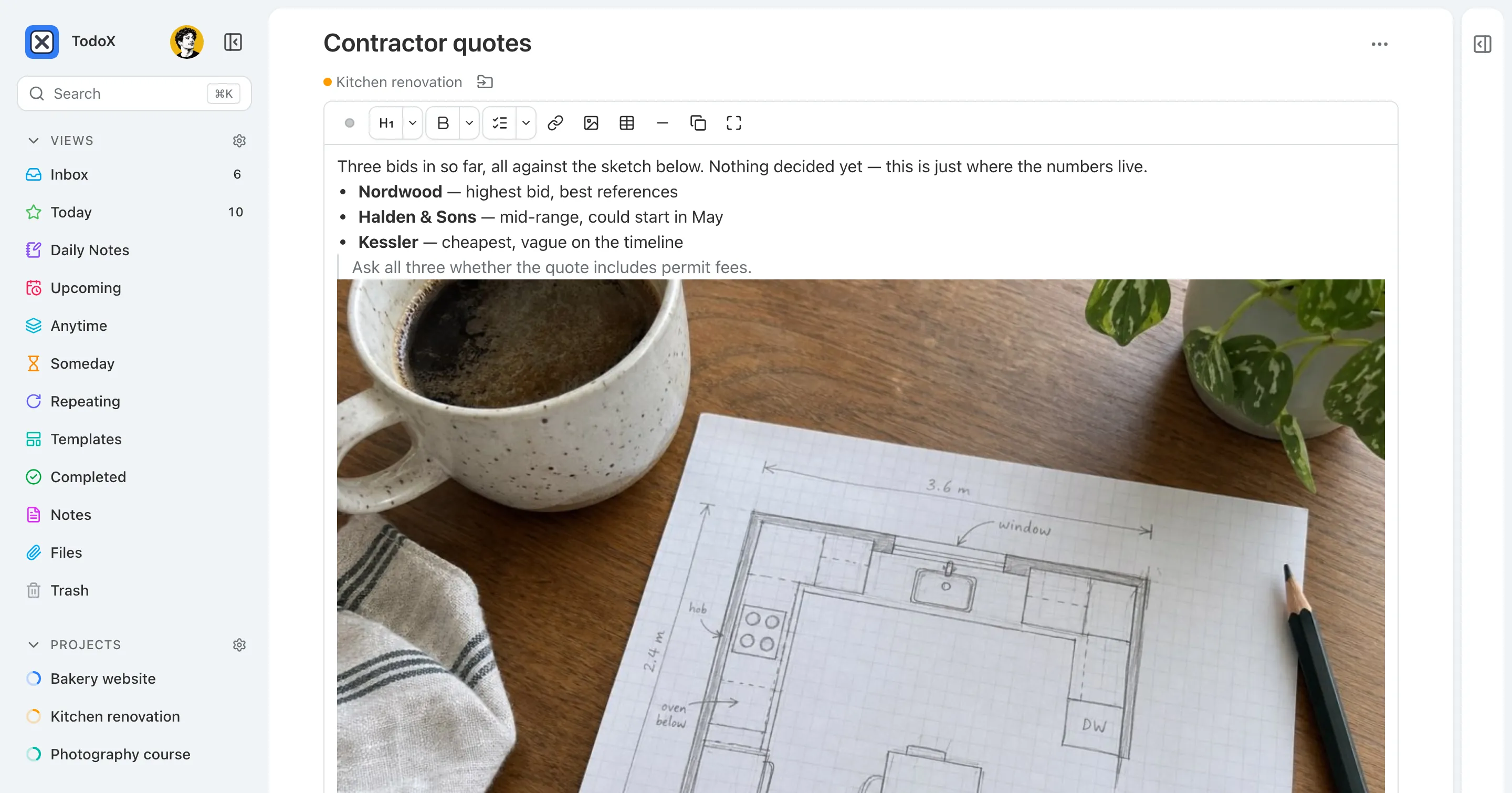 A project note titled Contractor quotes with a bullet list and a photo of a hand-drawn kitchen floor plan inline.