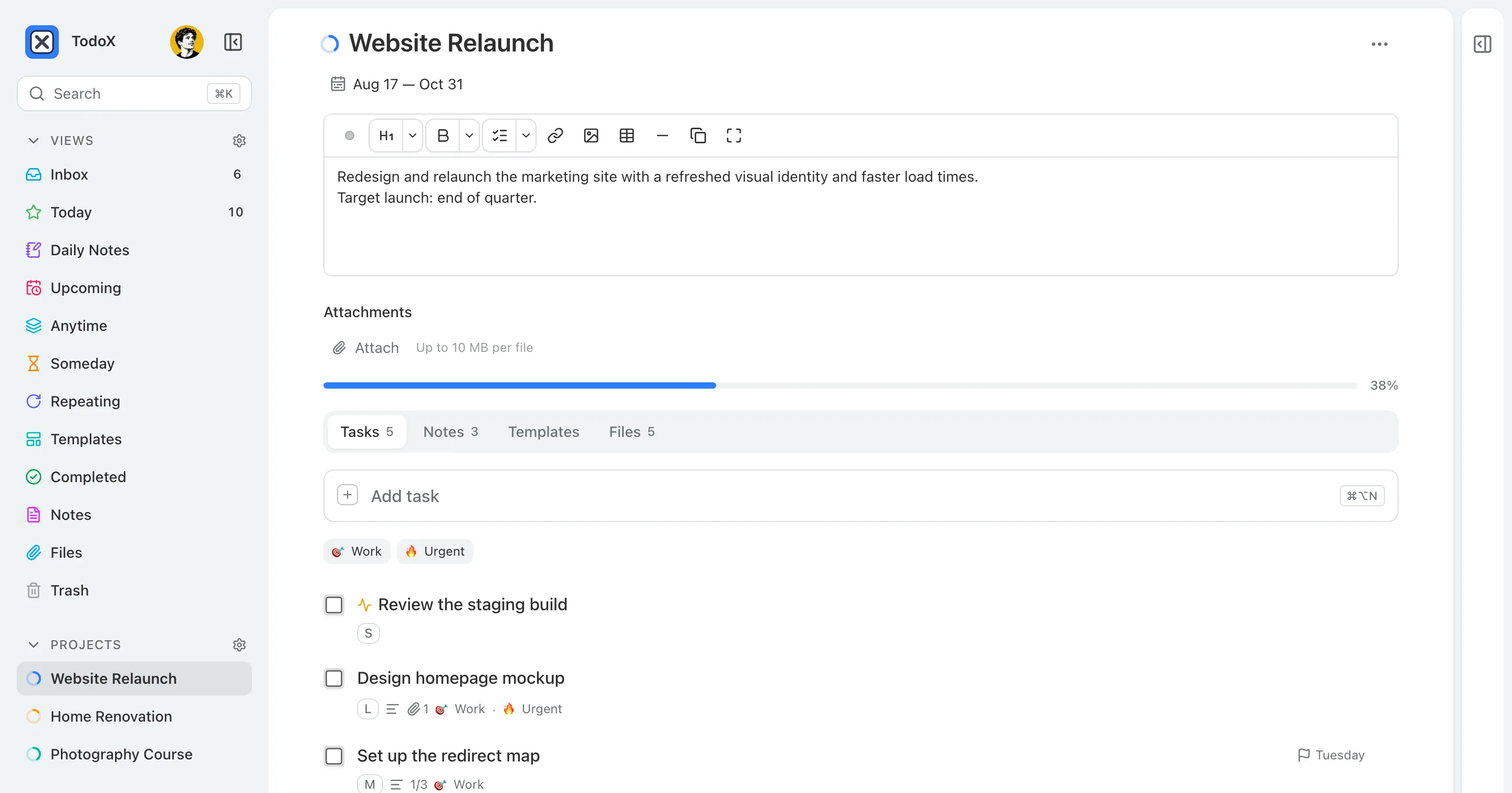 A project page with a description, a 38% progress bar and tabs for tasks, notes, templates and files.