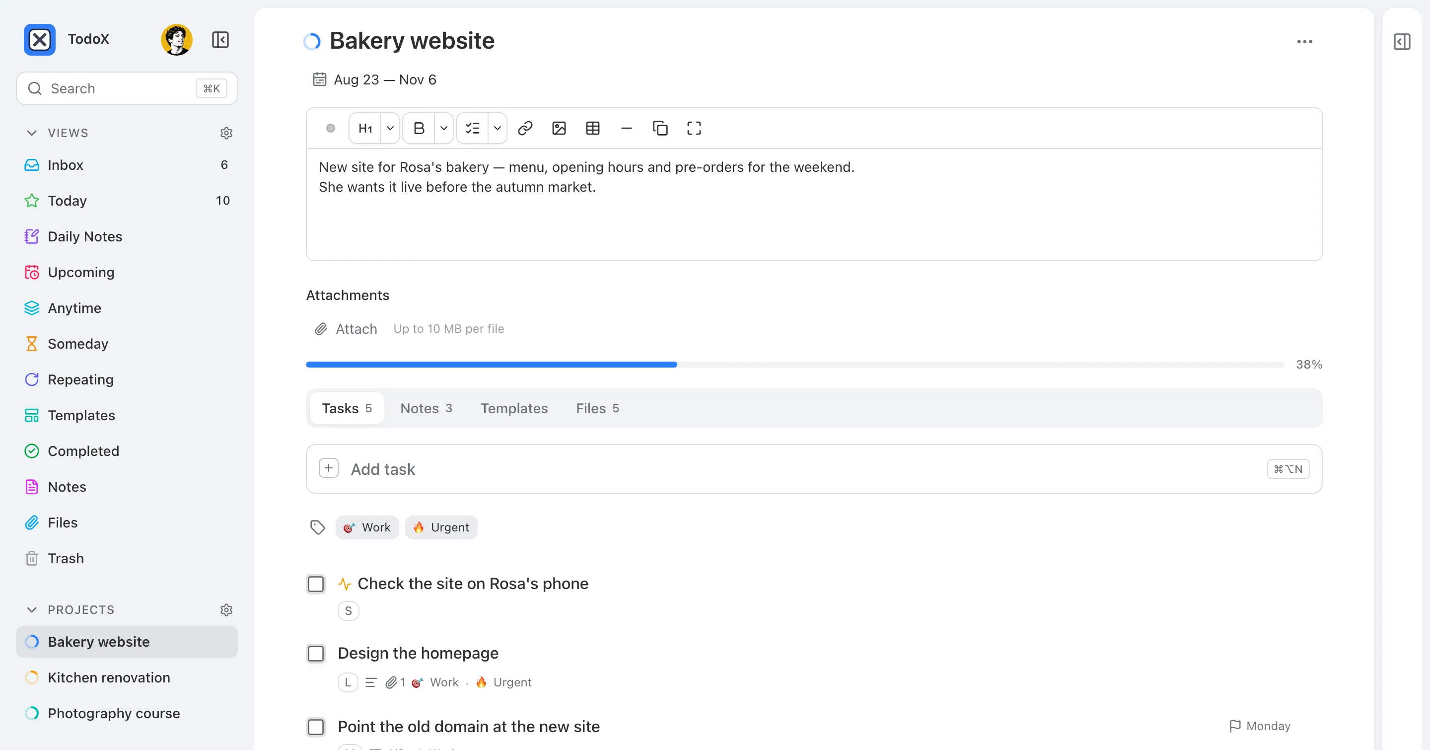A project page with a description, a 38% progress bar and tabs for tasks, notes, templates and files.