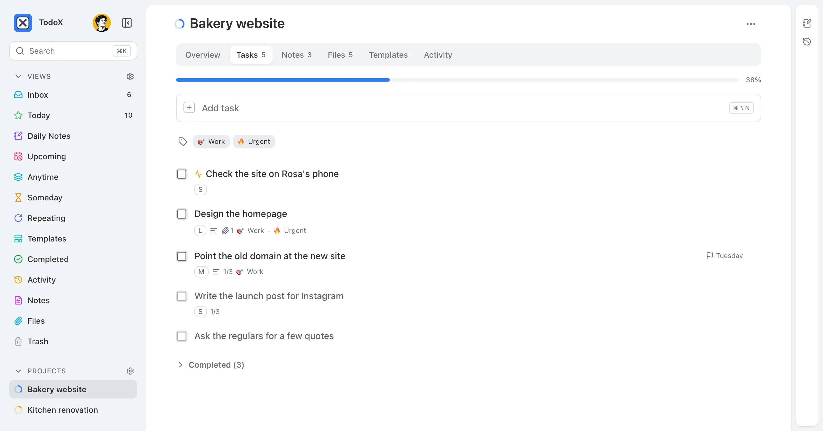 A project page on its Tasks tab: a 38% progress bar above five open tasks, with tabs for overview, notes, files, templates and activity.