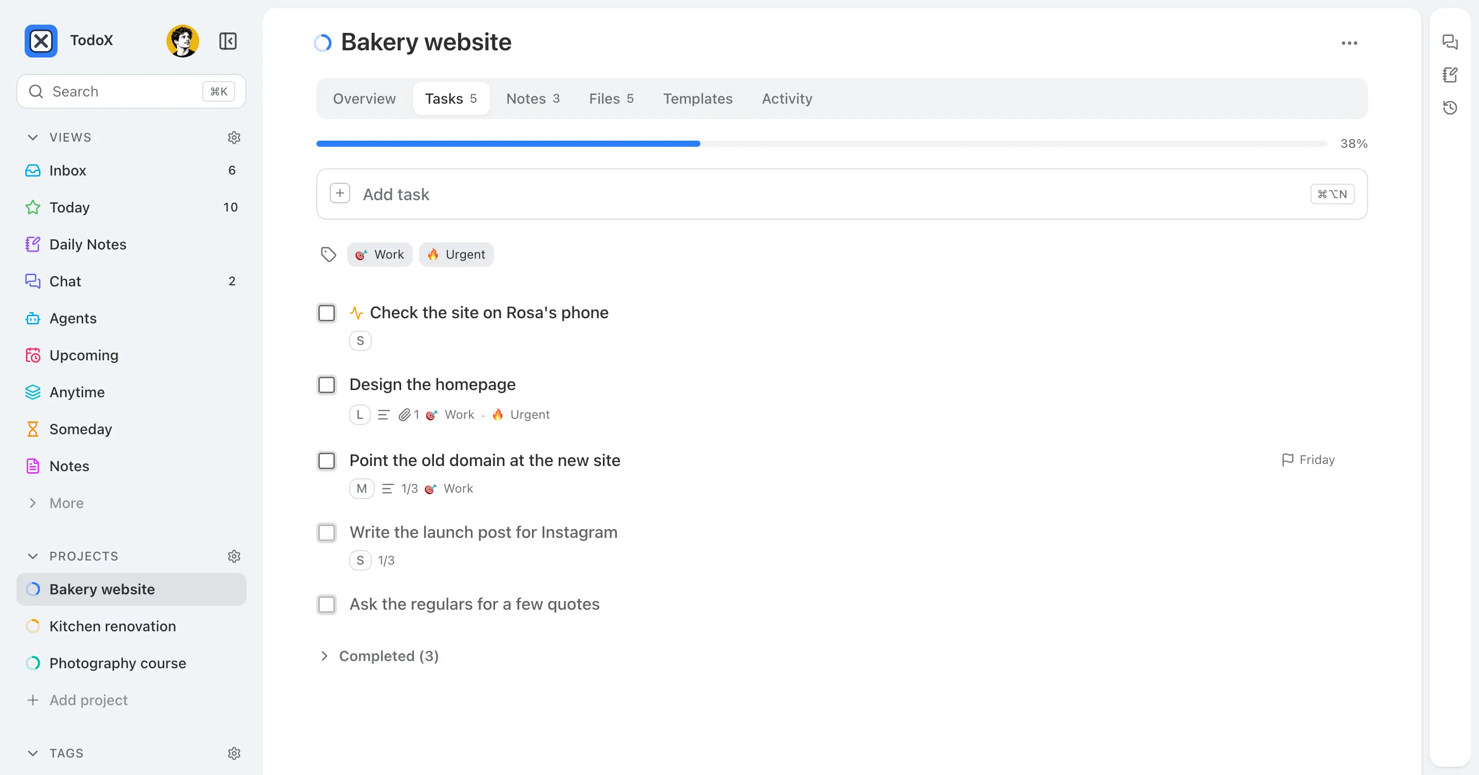 A project page on its Tasks tab: a 38% progress bar above five open tasks, with tabs for overview, notes, files, templates and activity.