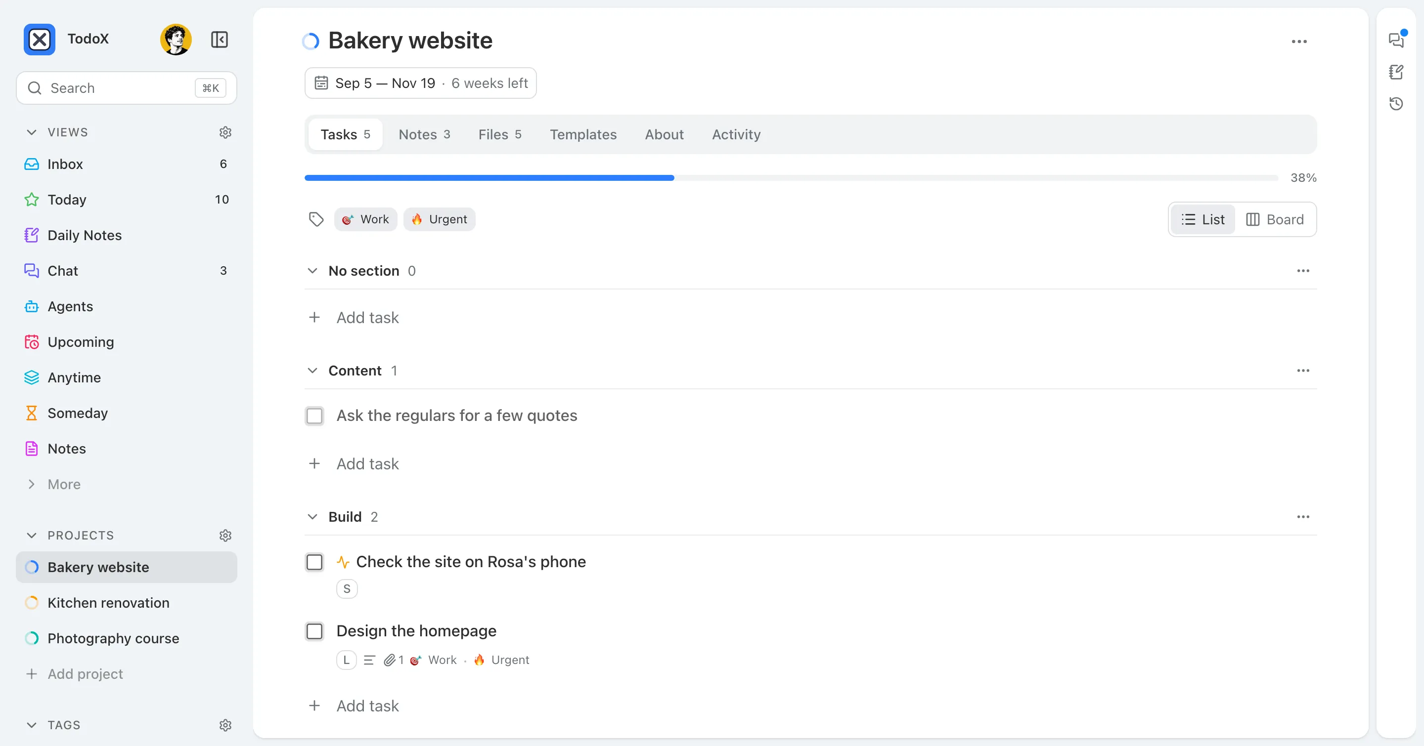 A project page on its Tasks tab: the project dates under the title, then tabs for notes, files, templates, about and activity, and a 38% progress bar above the tasks grouped into sections.