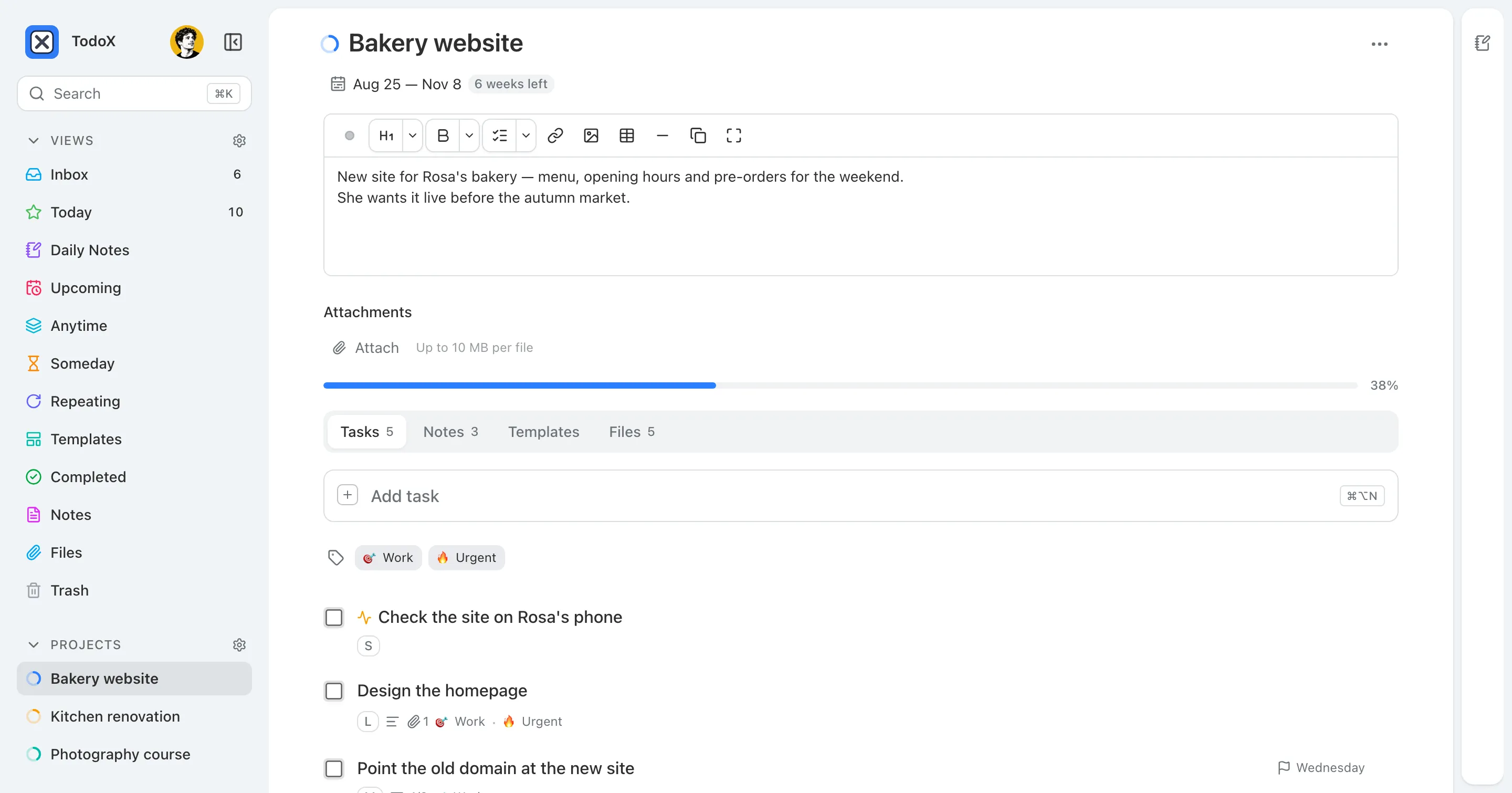 A project page with a description, a 38% progress bar and tabs for tasks, notes, templates and files.