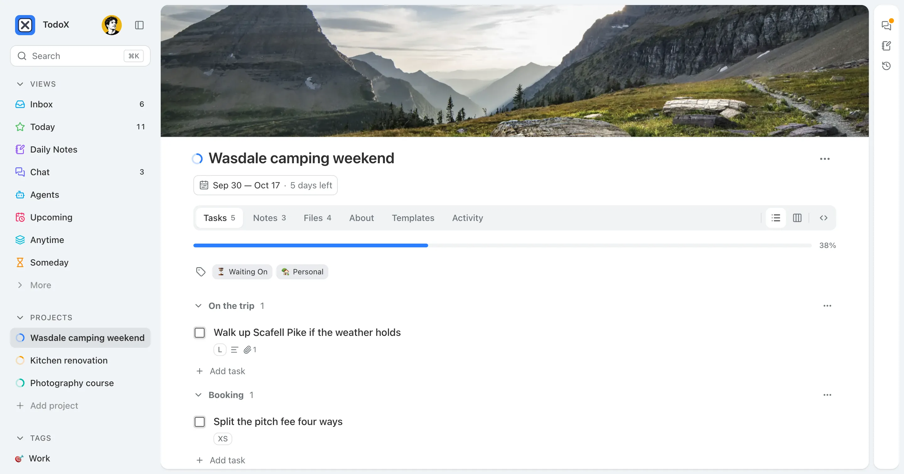 A project page on its Tasks tab: the project dates under the title, then tabs for notes, files, templates, about and activity, and a 38% progress bar above the tasks grouped into sections.