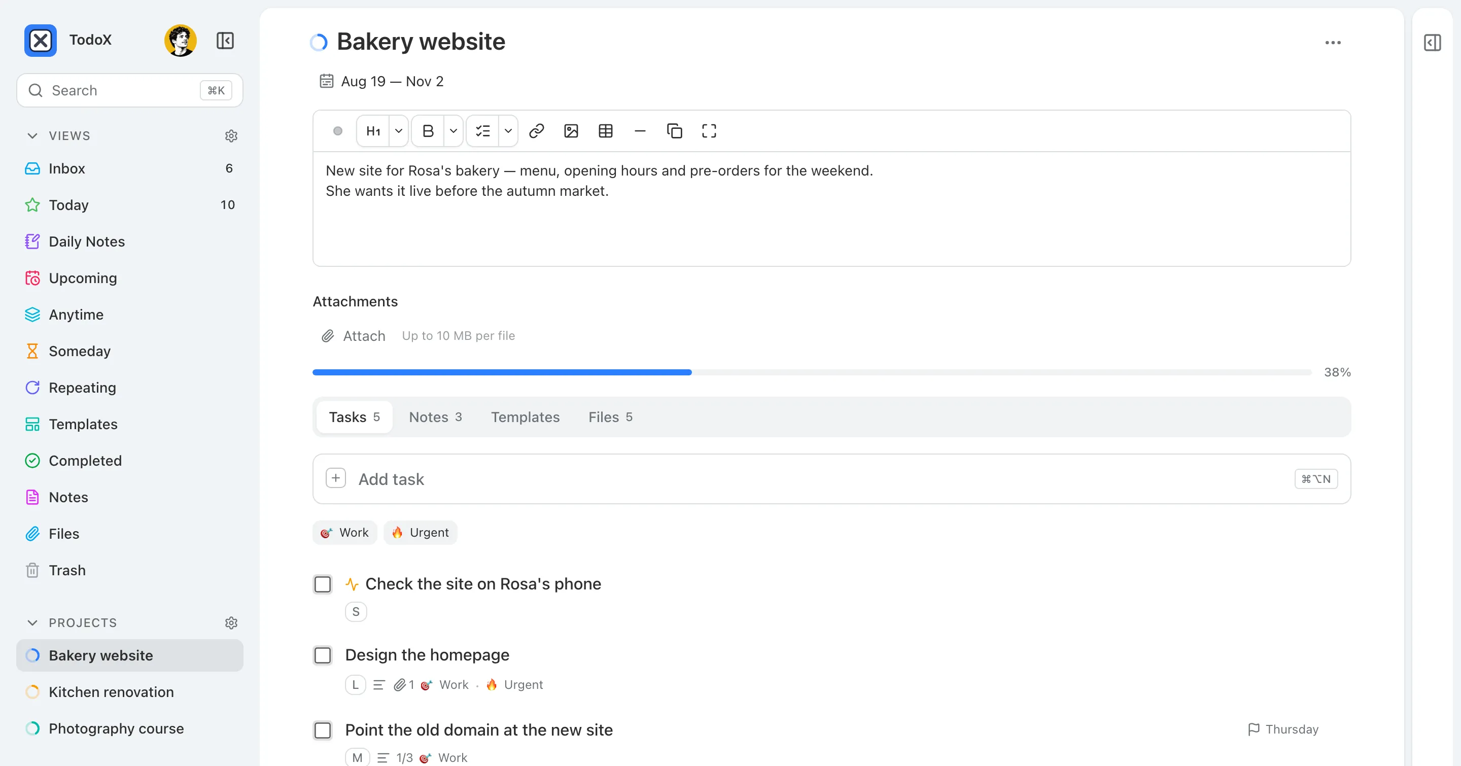 A project page with a description, a 38% progress bar and tabs for tasks, notes, templates and files.