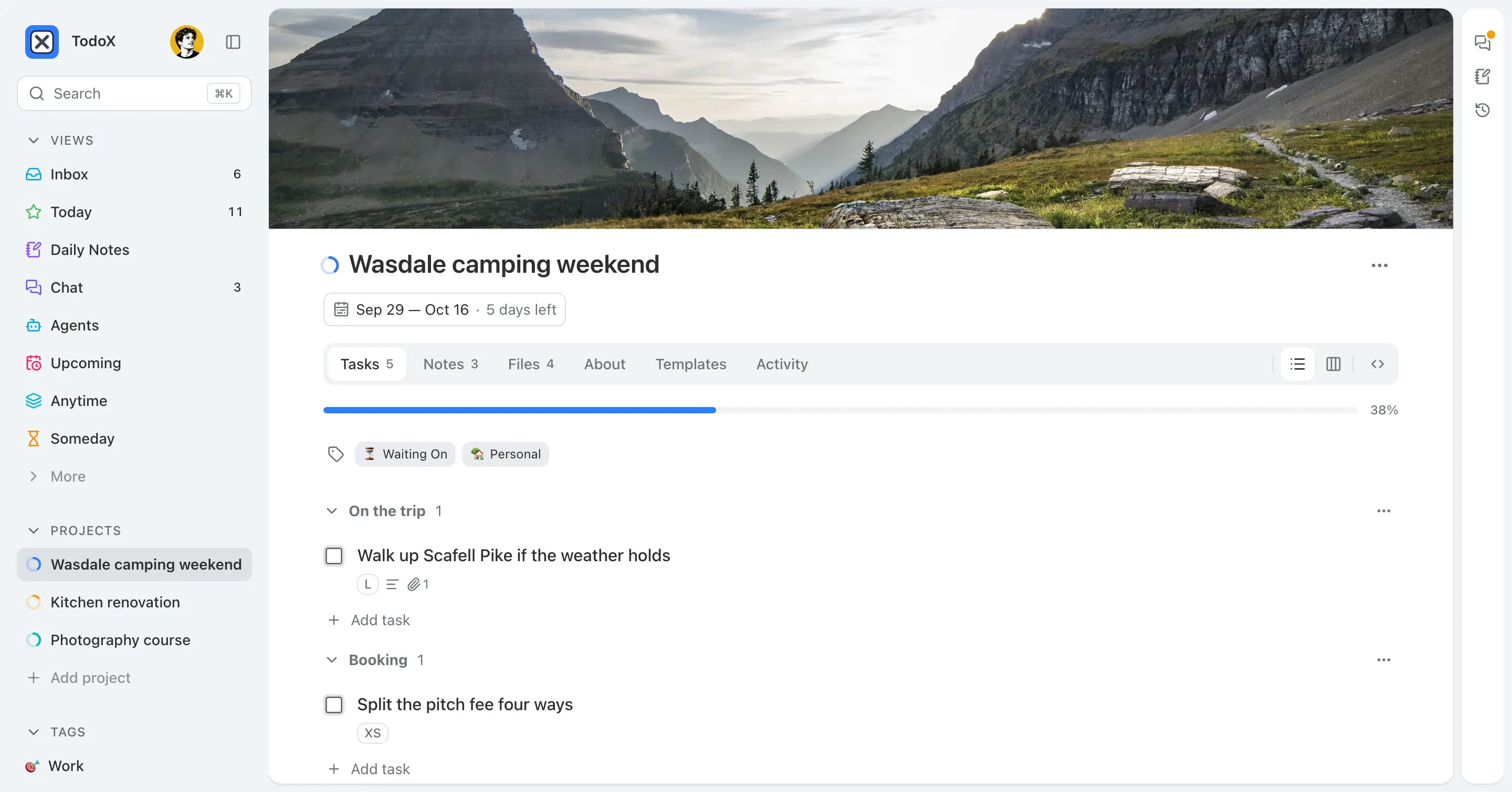 A project page on its Tasks tab: the project dates under the title, then tabs for notes, files, templates, about and activity, and a 38% progress bar above the tasks grouped into sections.