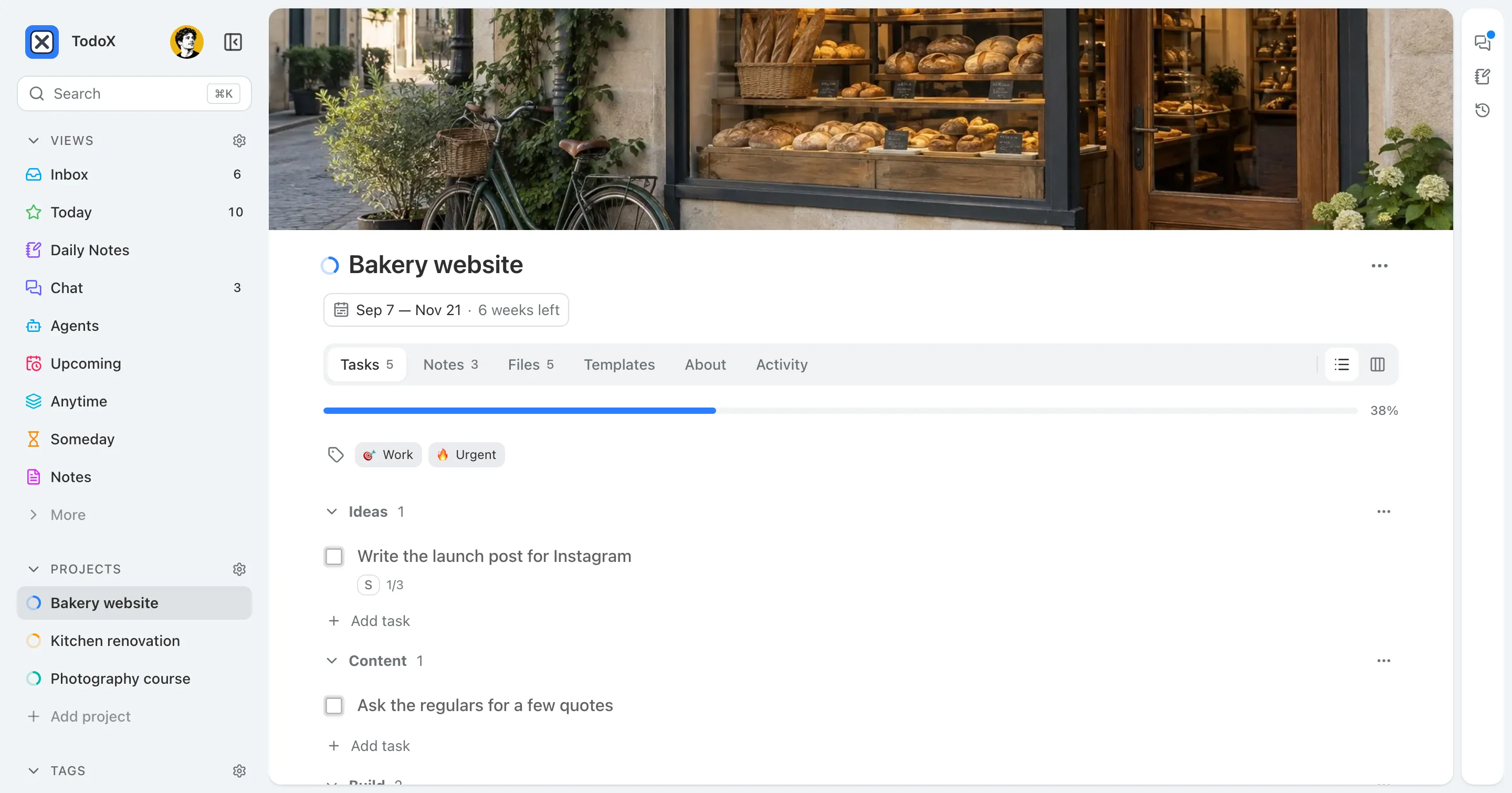 A project page on its Tasks tab: the project dates under the title, then tabs for notes, files, templates, about and activity, and a 38% progress bar above the tasks grouped into sections.