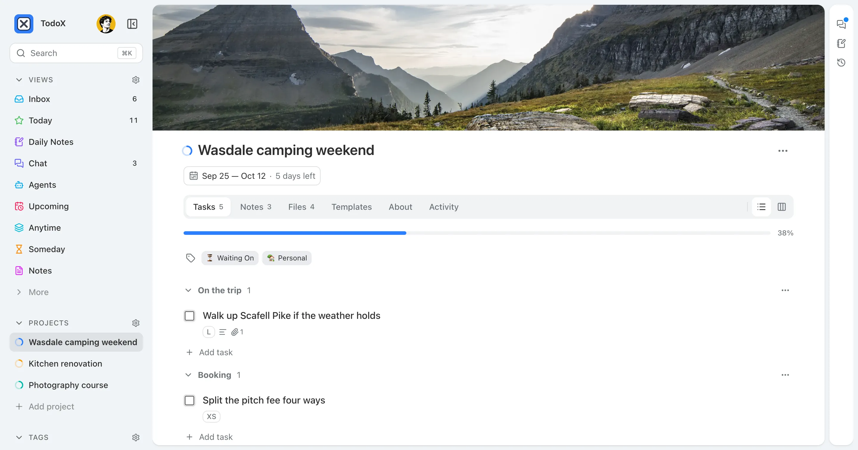 A project page on its Tasks tab: the project dates under the title, then tabs for notes, files, templates, about and activity, and a 38% progress bar above the tasks grouped into sections.