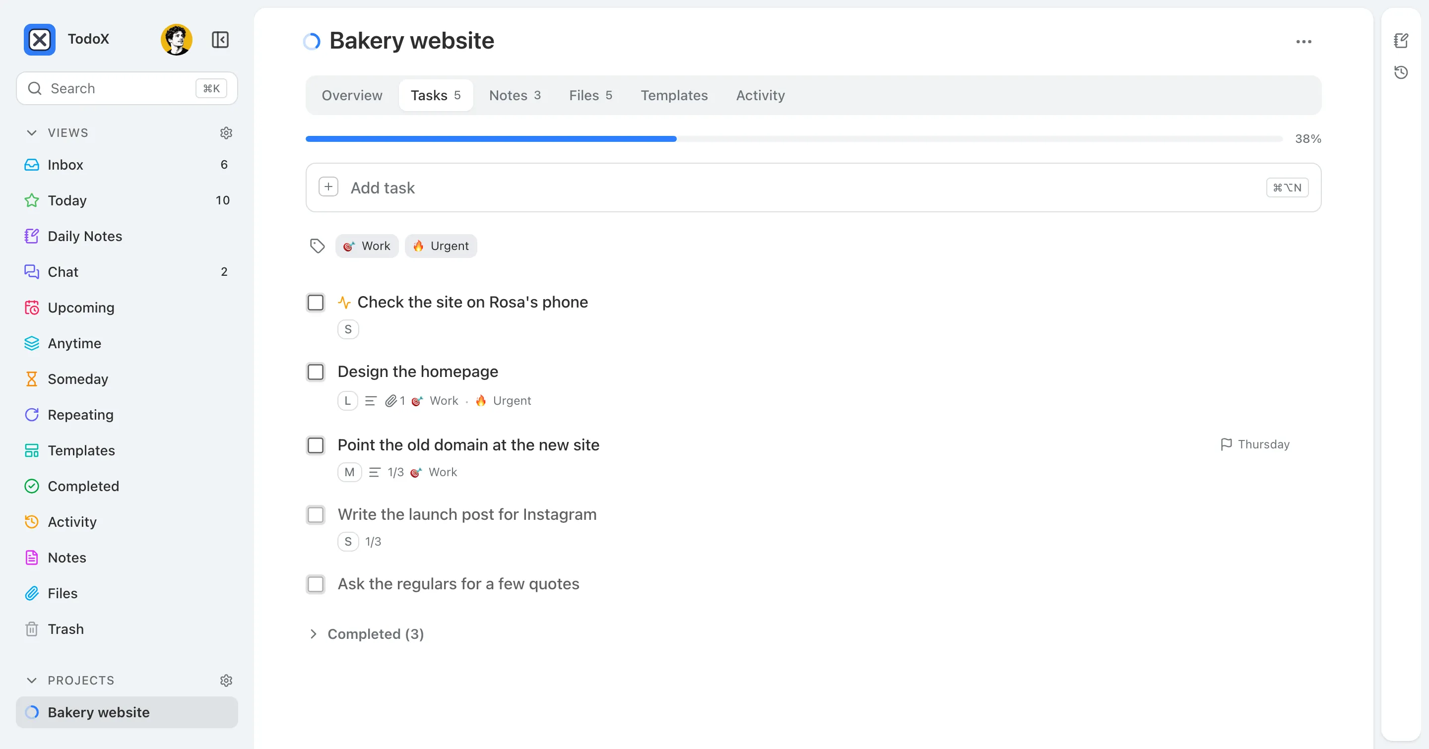 A project page on its Tasks tab: a 38% progress bar above five open tasks, with tabs for overview, notes, files, templates and activity.