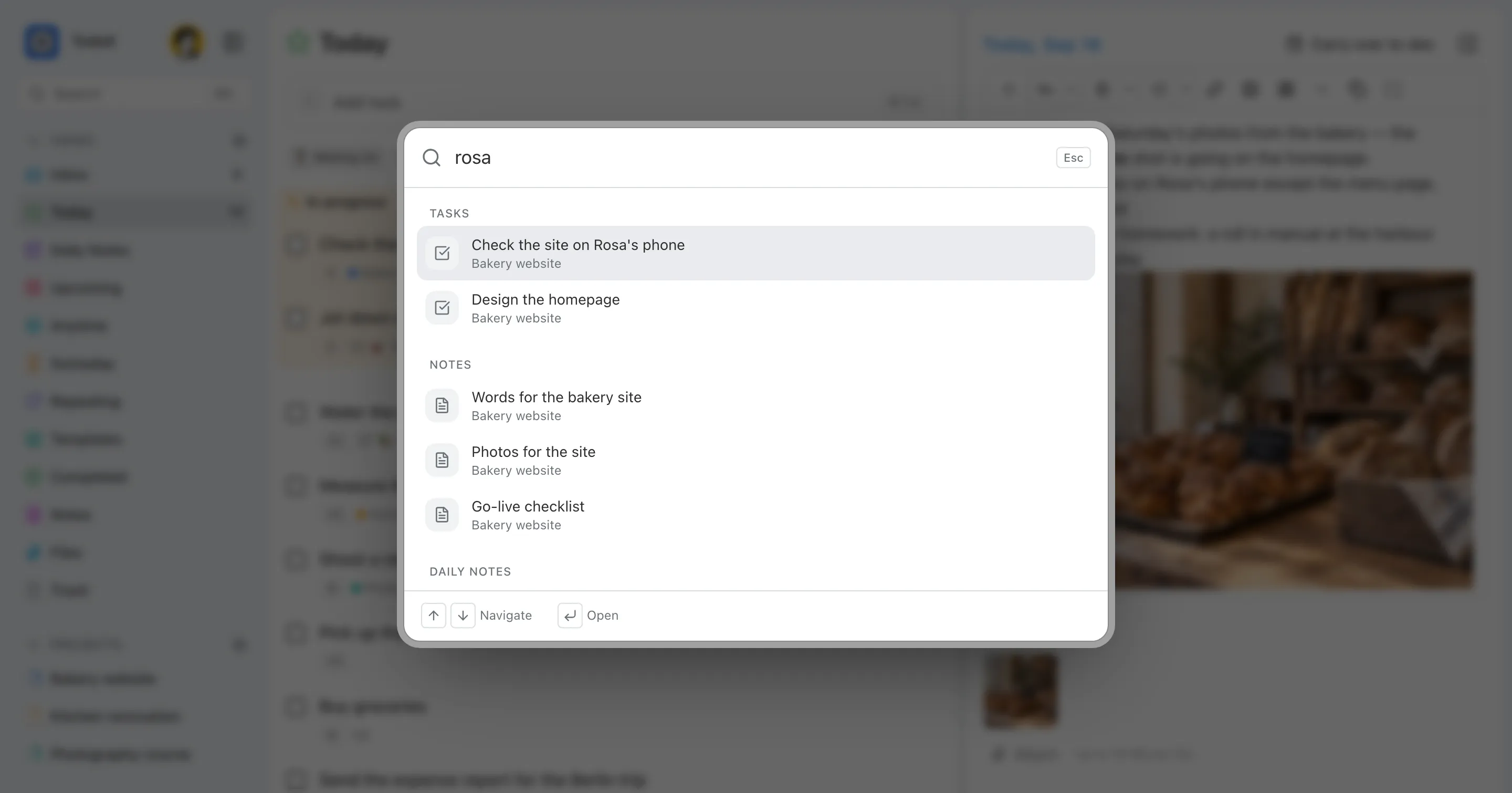 The search dialog open over the task list, listing two tasks and three notes matching “rosa”.