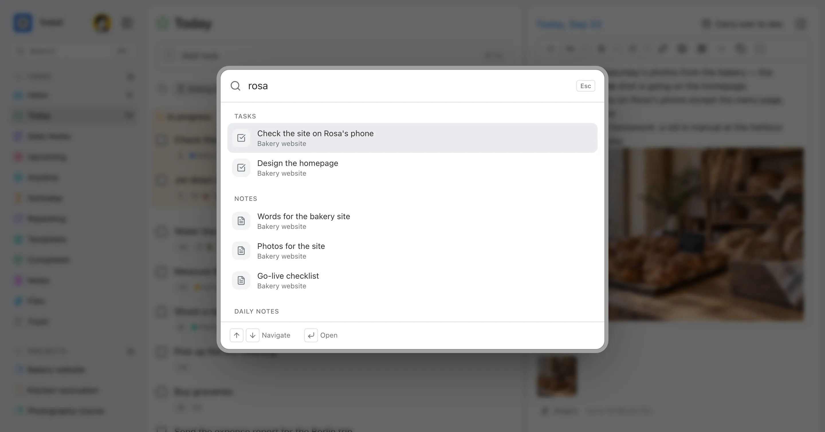 The search dialog open over the task list, listing two tasks and three notes matching “rosa”.