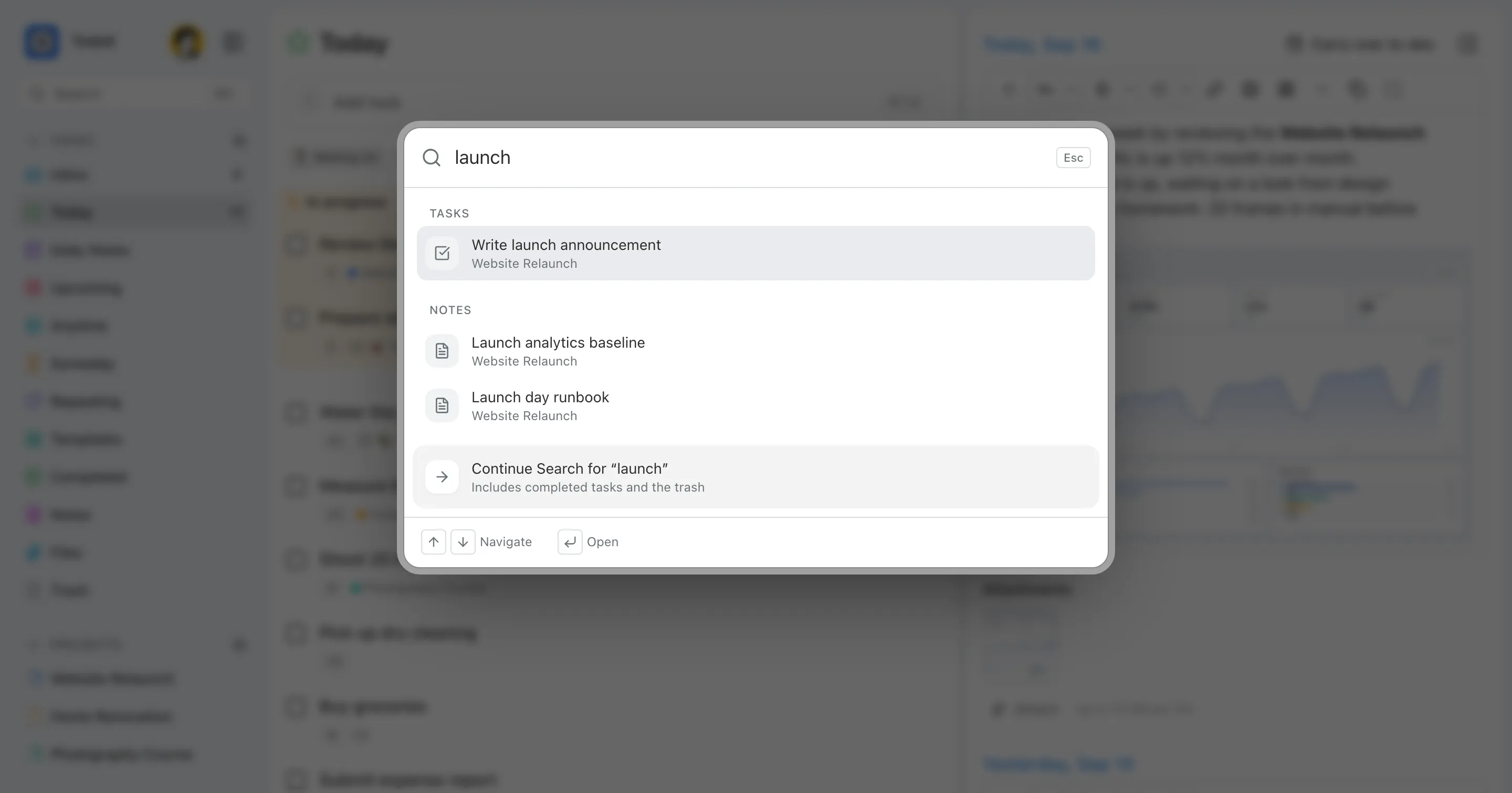The search dialog open over the task list, listing a task and two notes matching “launch”.
