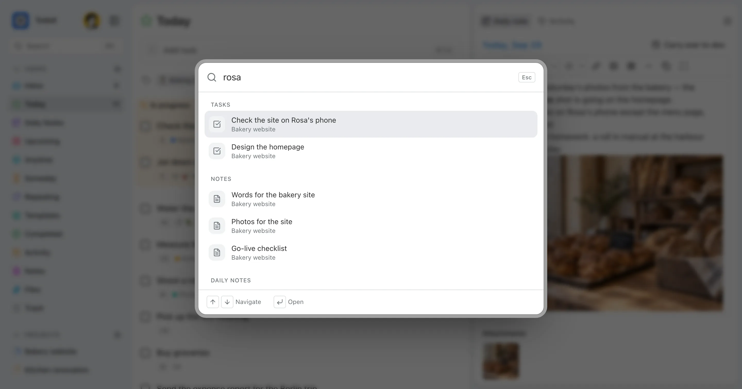 The search dialog open over the task list, listing two tasks and three notes matching “rosa”.