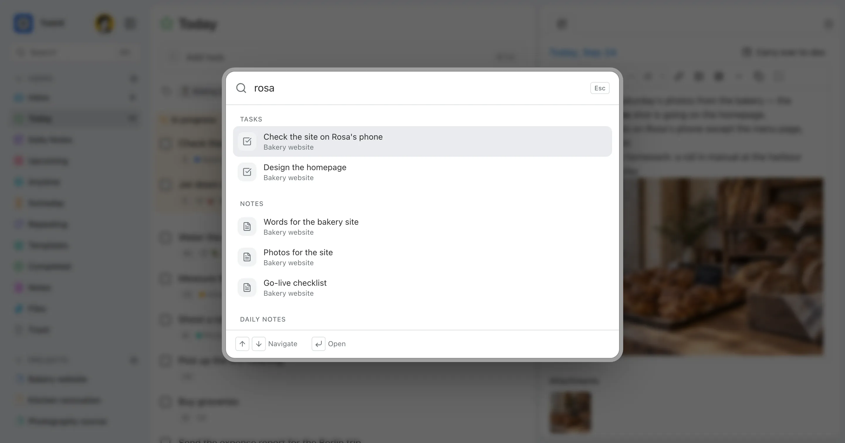 The search dialog open over the task list, listing two tasks and three notes matching “rosa”.