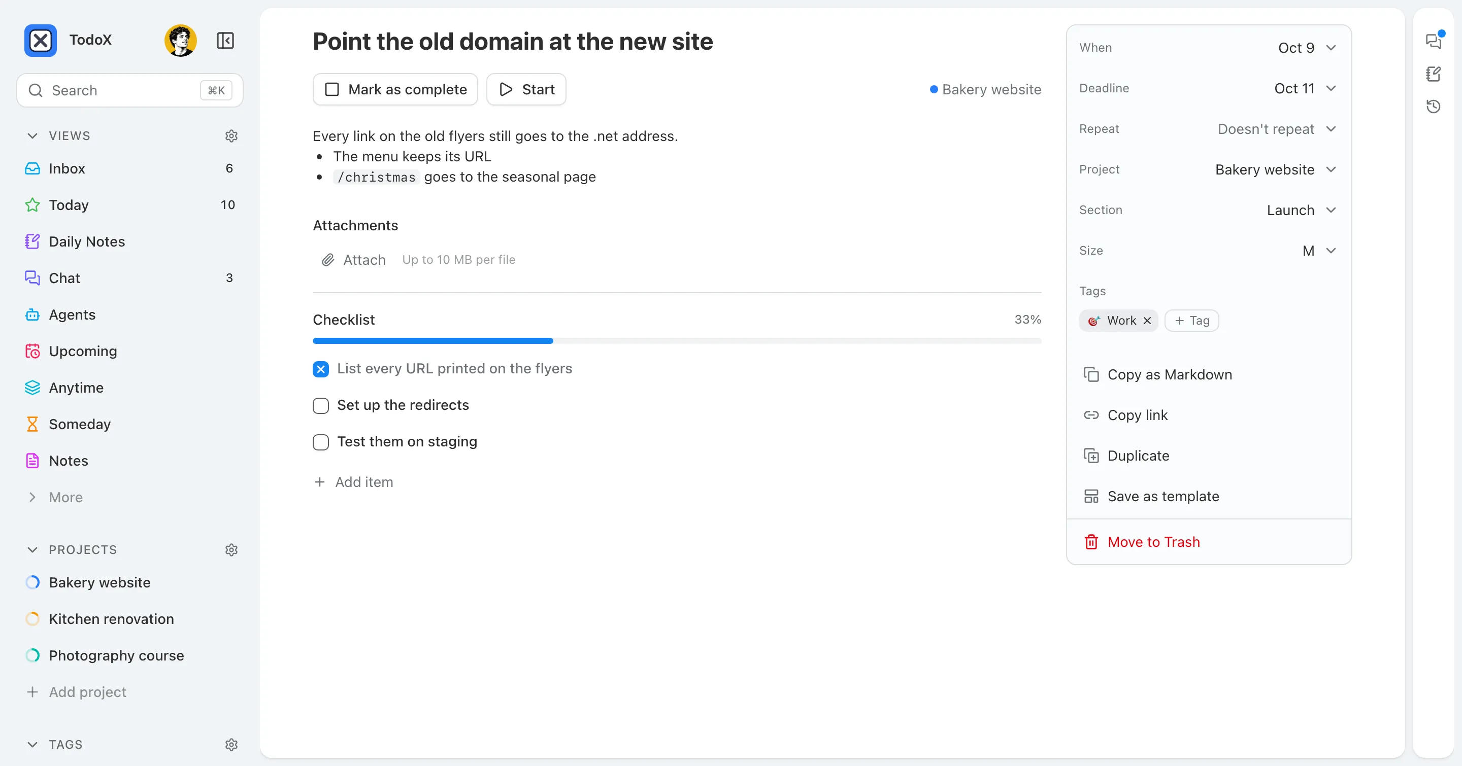 A task page with markdown notes, a checklist at 33%, and a side column with when, deadline, project, size and tags.