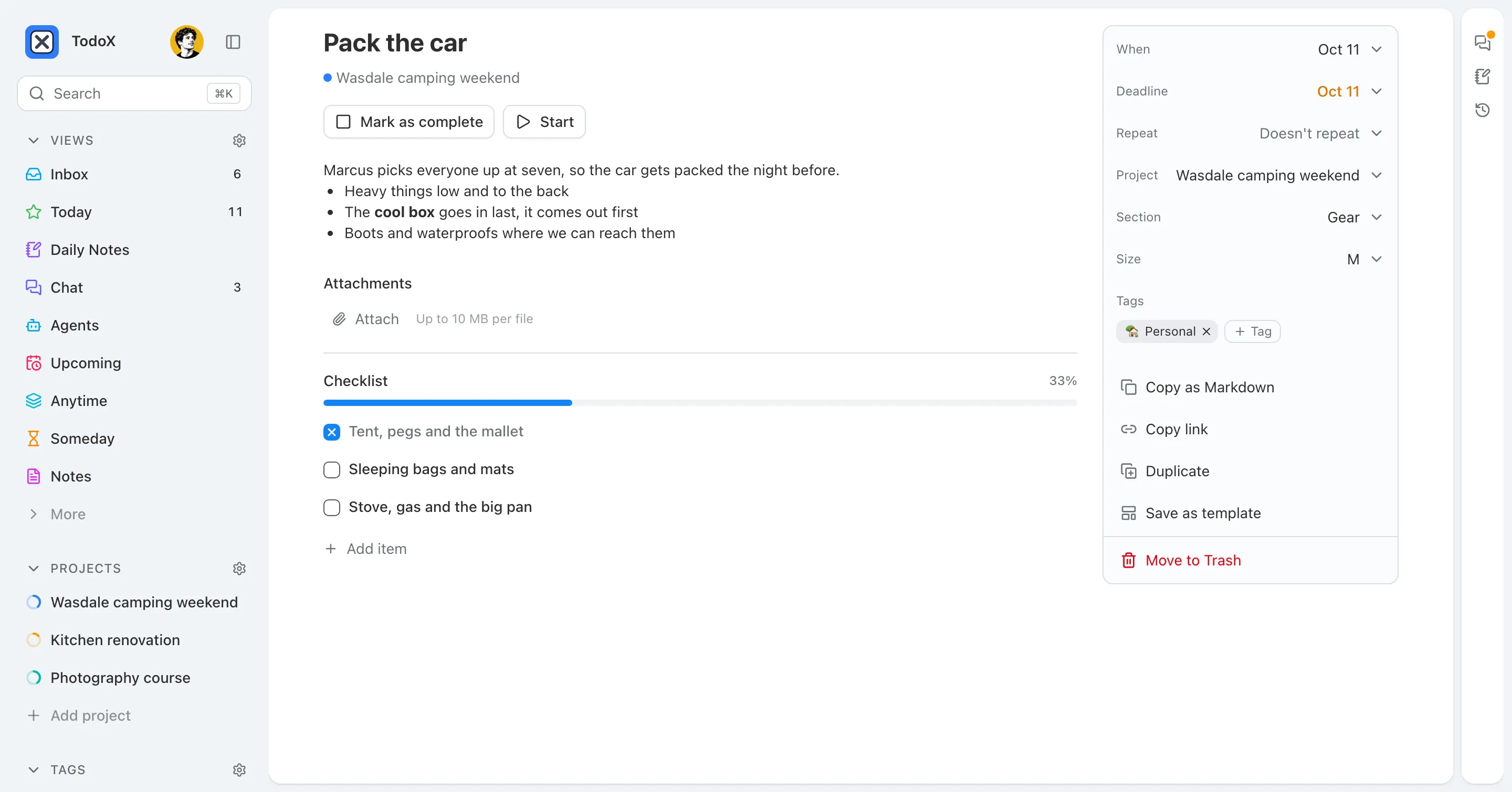 A task page with markdown notes, a checklist at 33%, and a side column with when, deadline, project, size and tags.