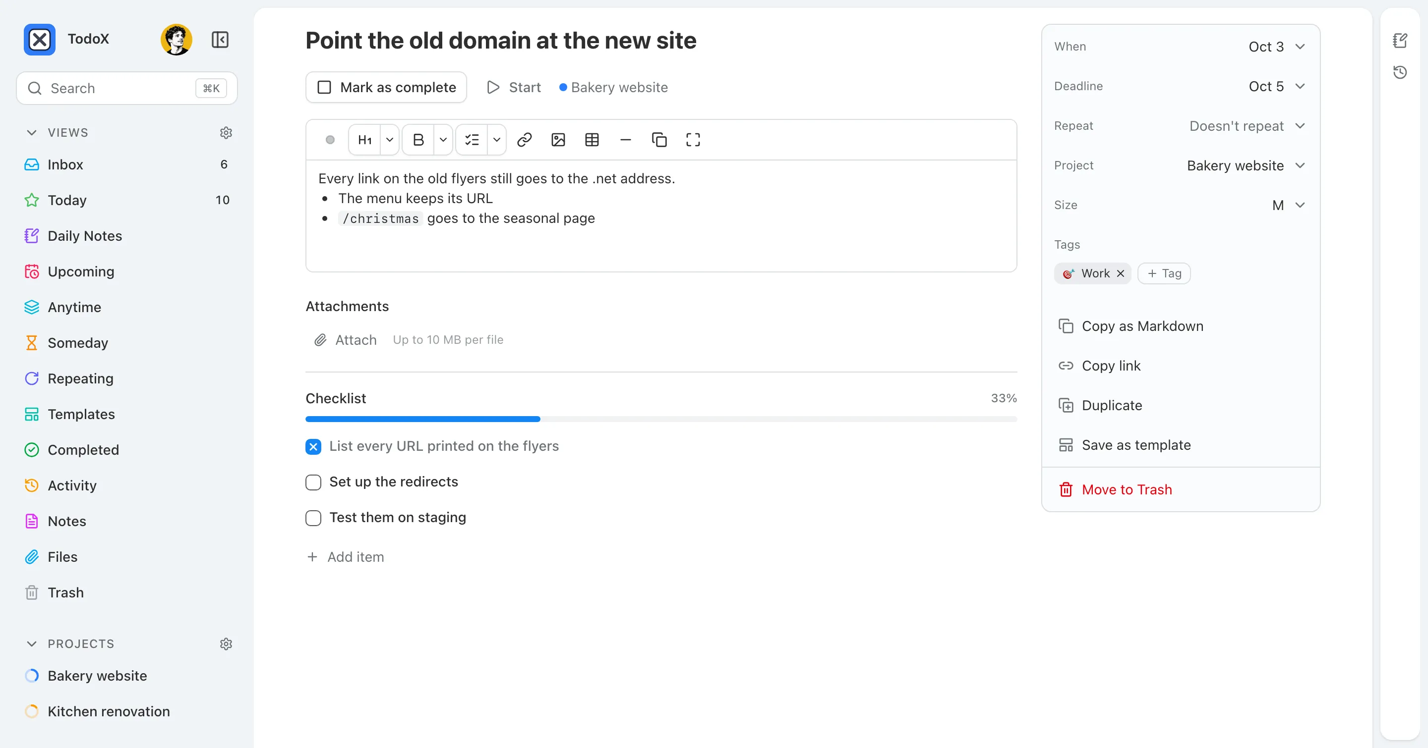 A task page with markdown notes, a checklist at 33%, and a side column with when, deadline, project, size and tags.