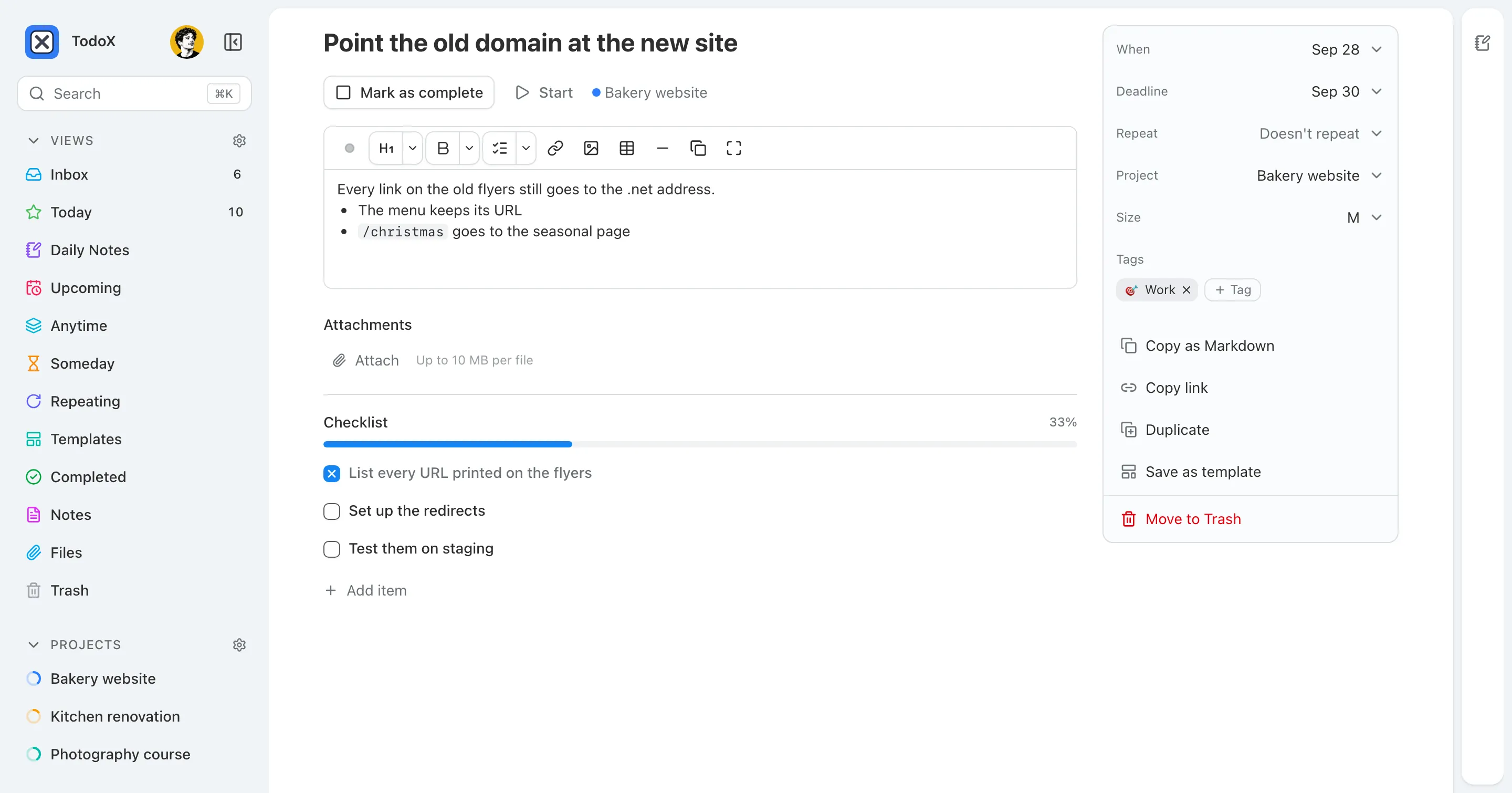 A task page with markdown notes, a checklist at 33%, and a side column with when, deadline, project, size and tags.