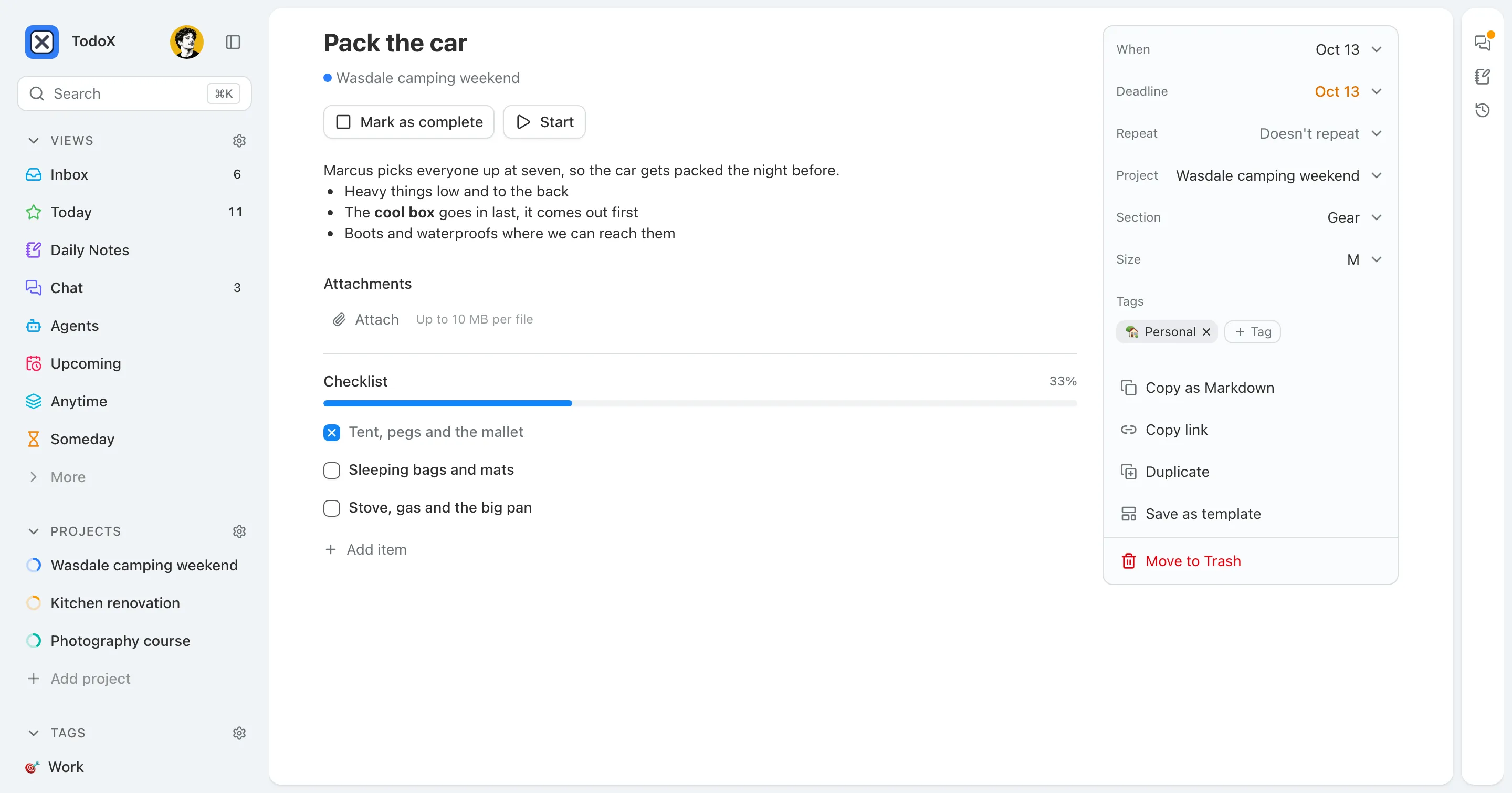 A task page with markdown notes, a checklist at 33%, and a side column with when, deadline, project, size and tags.