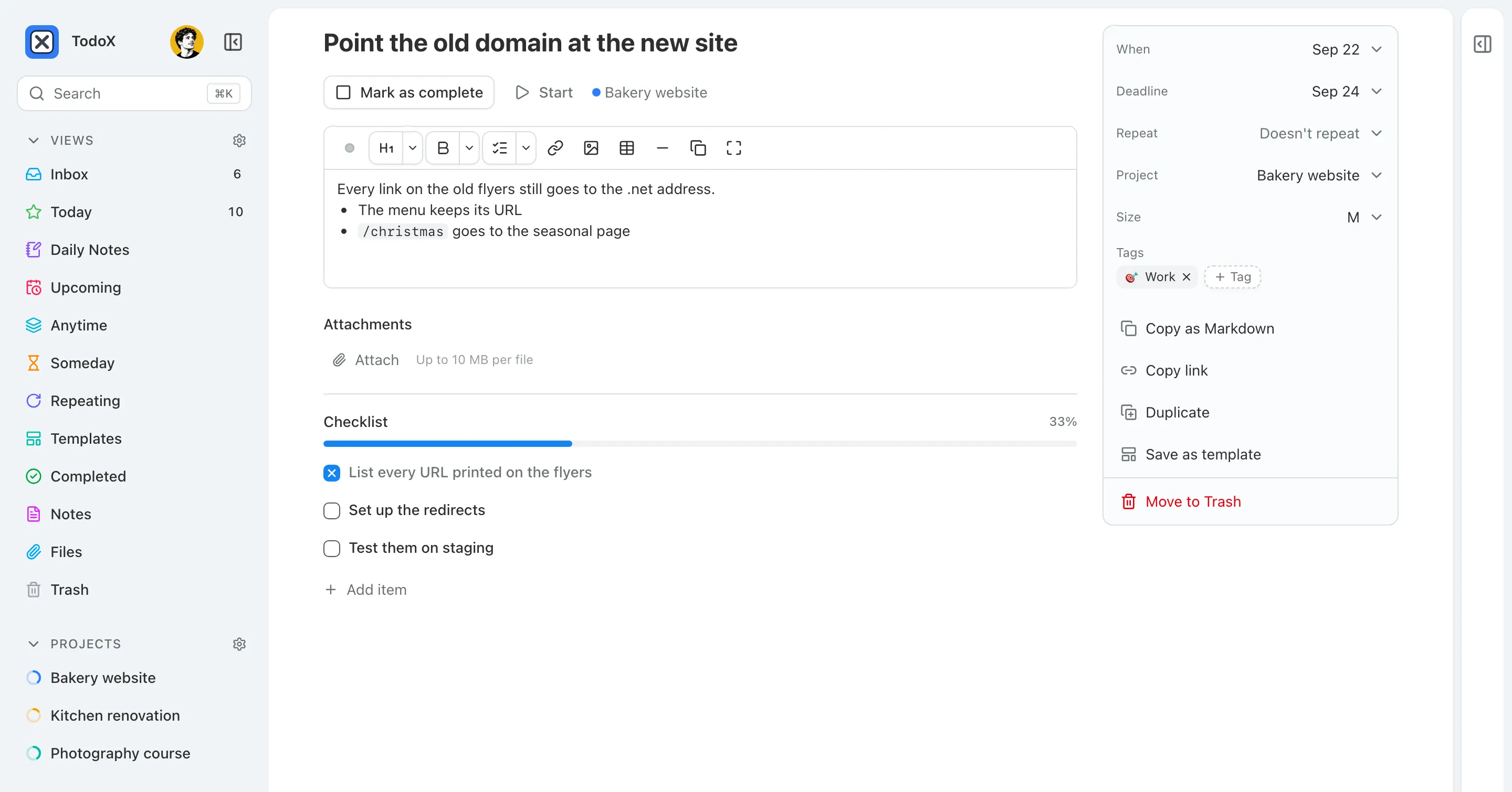A task page with markdown notes, a checklist at 33%, and a side column with when, deadline, project, size and tags.