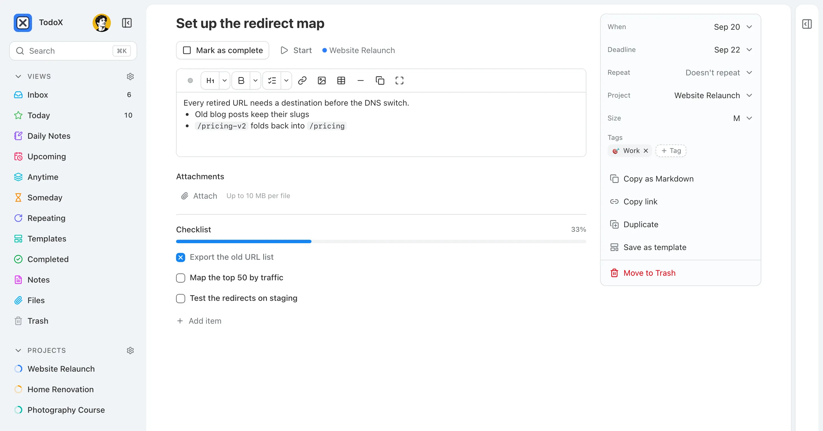 A task page with markdown notes, a checklist at 33%, and a side column with when, deadline, project, size and tags.