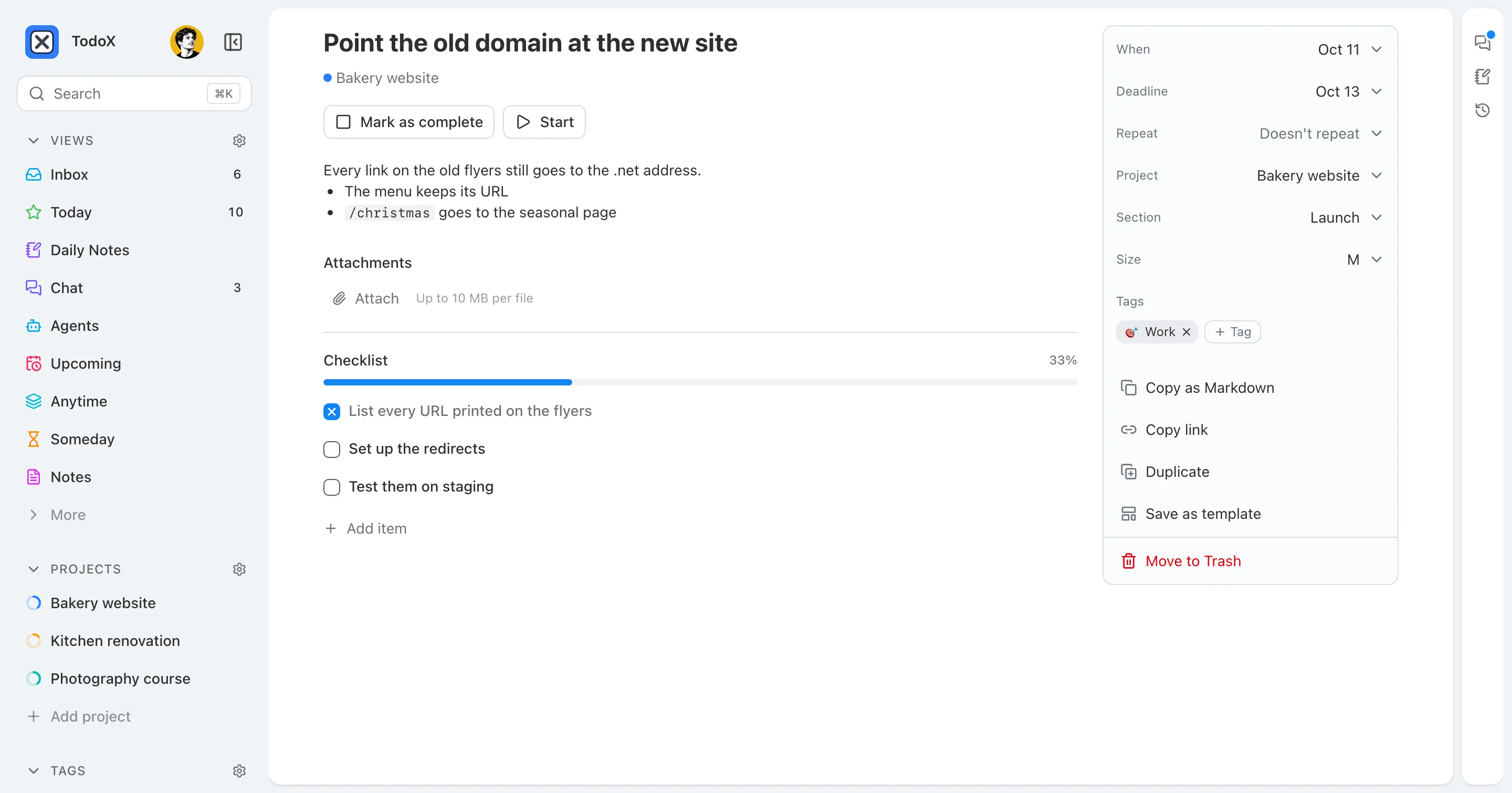 A task page with markdown notes, a checklist at 33%, and a side column with when, deadline, project, size and tags.