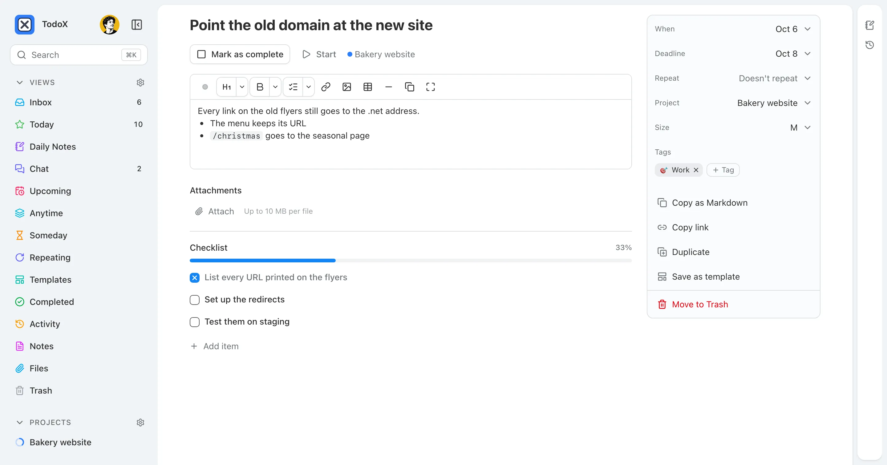 A task page with markdown notes, a checklist at 33%, and a side column with when, deadline, project, size and tags.